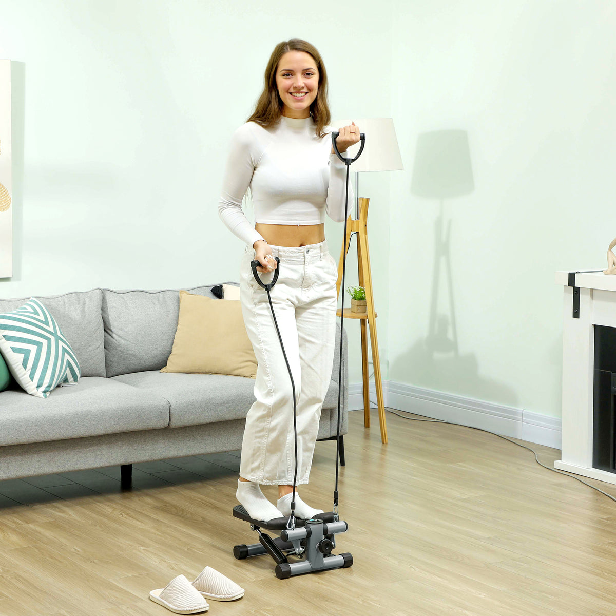 2-in-1 mini stepper for home use with power ropes, LCD display, up-down swing stepper 41 x 30.5 x 18.5 cm, grey (2)