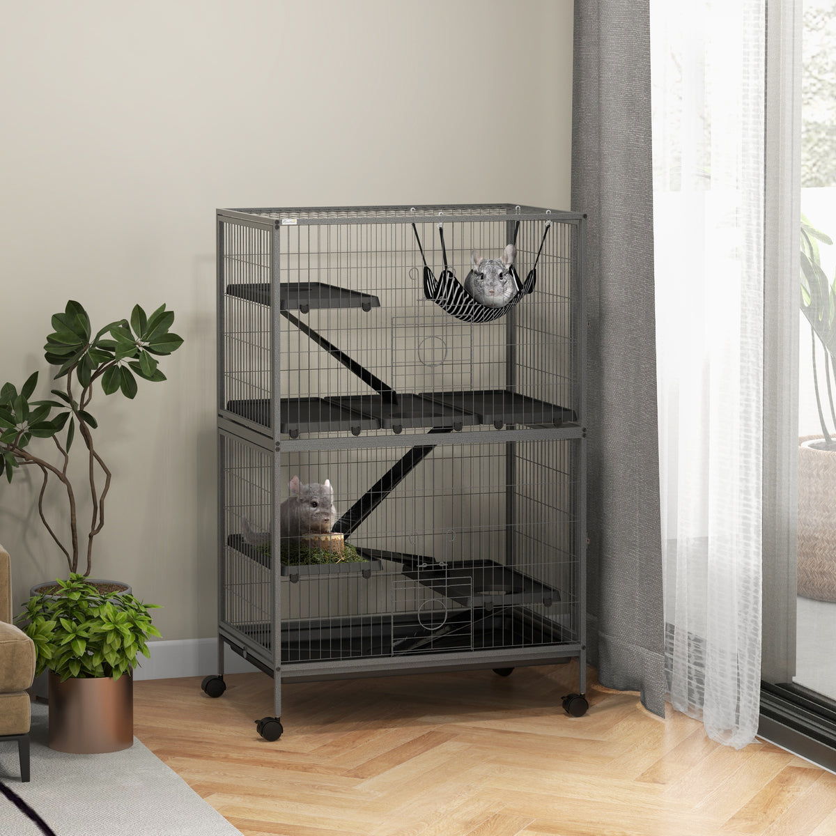 Small animal cage with hammock, rodent cage with wheels, 4-tier cage, metal, plastic, 80 x 52 x 128 cm, grey (2)