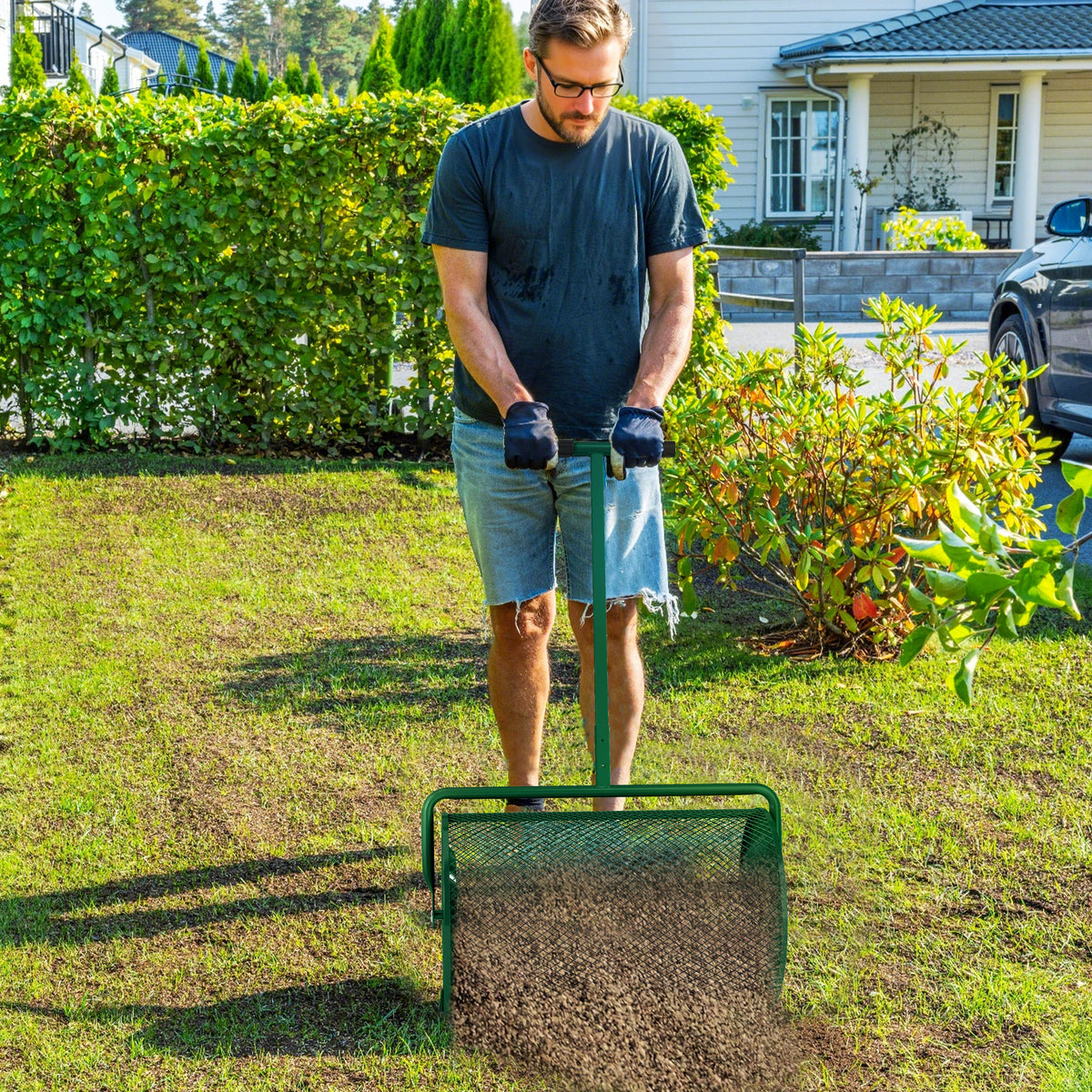 Compost Spreader 75L 61x40cm Fertilizer Spreader Lawn Garden with T-Handle Mesh Basket Metal Green (2)