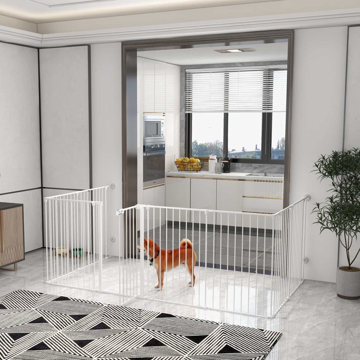 2-in-1 puppy playpen and safety gate, 8 panels, lockable door, steel, 90 cm height, white (2)