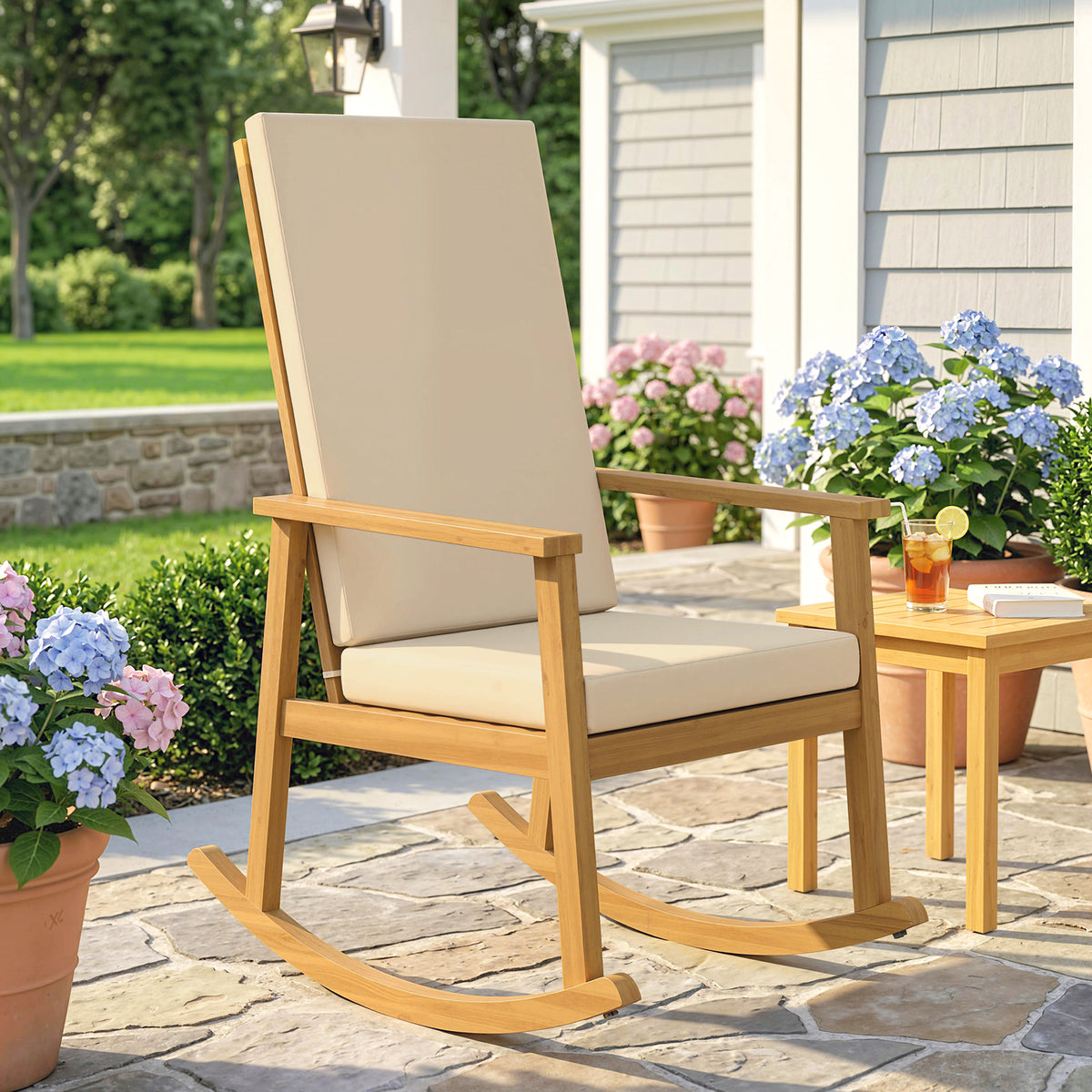 Acacia wood rocking chair high backrest armchair cushions up to 160 kg 60 x 89 x 107 cm beige (2)