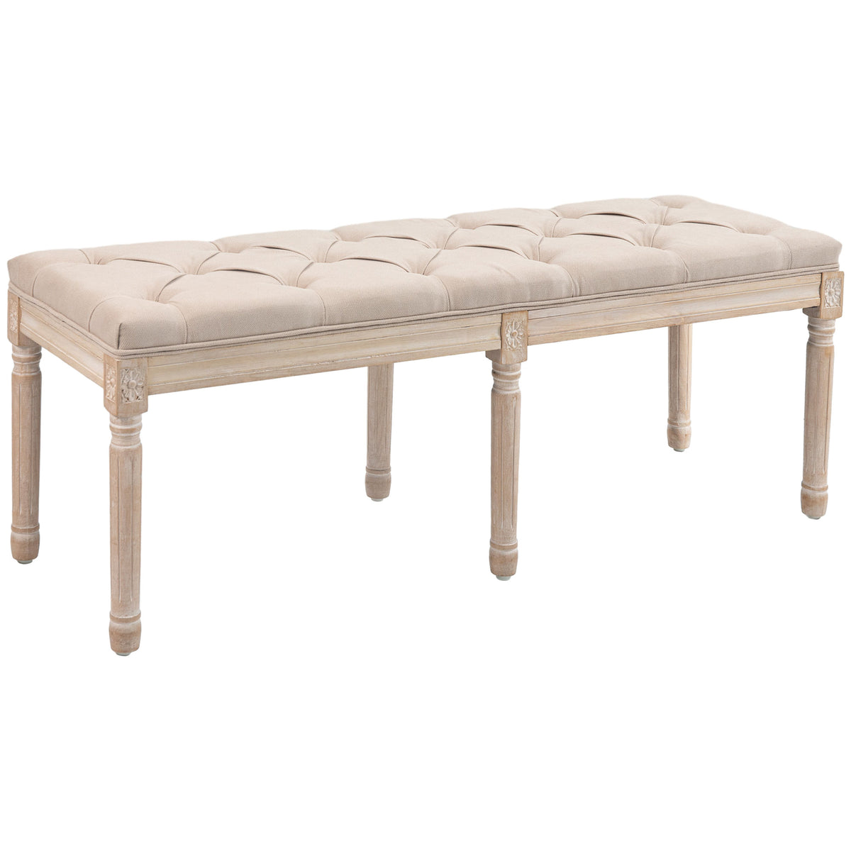 Vintage design bench, vintage bench, button tufting, turned legs, shabby chic, cream + white