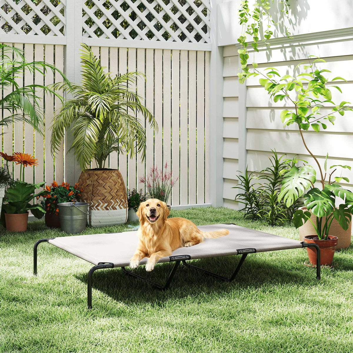 Outdoor Dog Cot, Elevated Dog Bed for Large Dogs, with Steel Frame, Breathable Mesh Fabric, 152x94x23 cm, Beige (8)