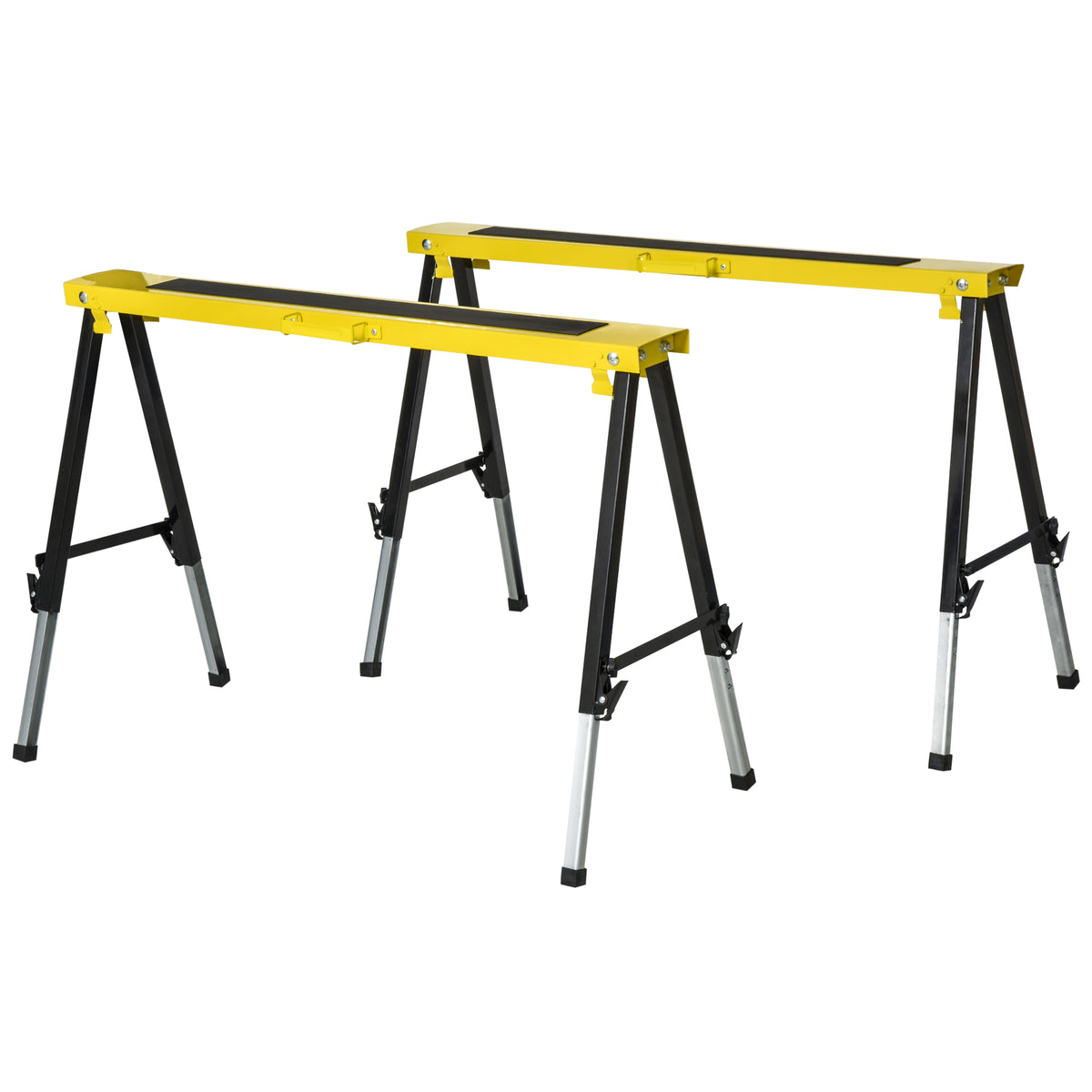Set of 2 Sawhorses Work Bench Support Stand Foldable Non-slip Steel Yellow Black 100 x 49 x 62-90 cm Load