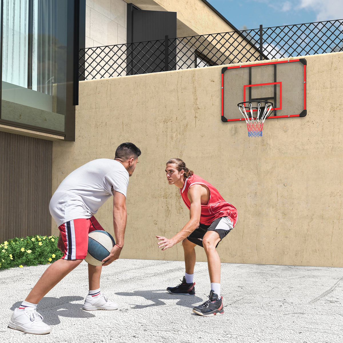 Wall-mounted basketball hoop, indoor/outdoor, durable PC backboard, nylon net, steel rim, 113x61x73 cm (2)