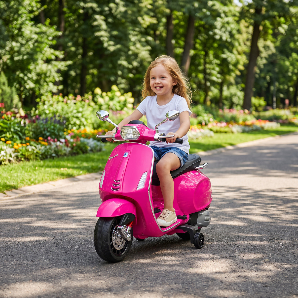 Electric children's motorcycle, Vespa, 3 km/h, 3-6 years, music, light & radio, pink (8)