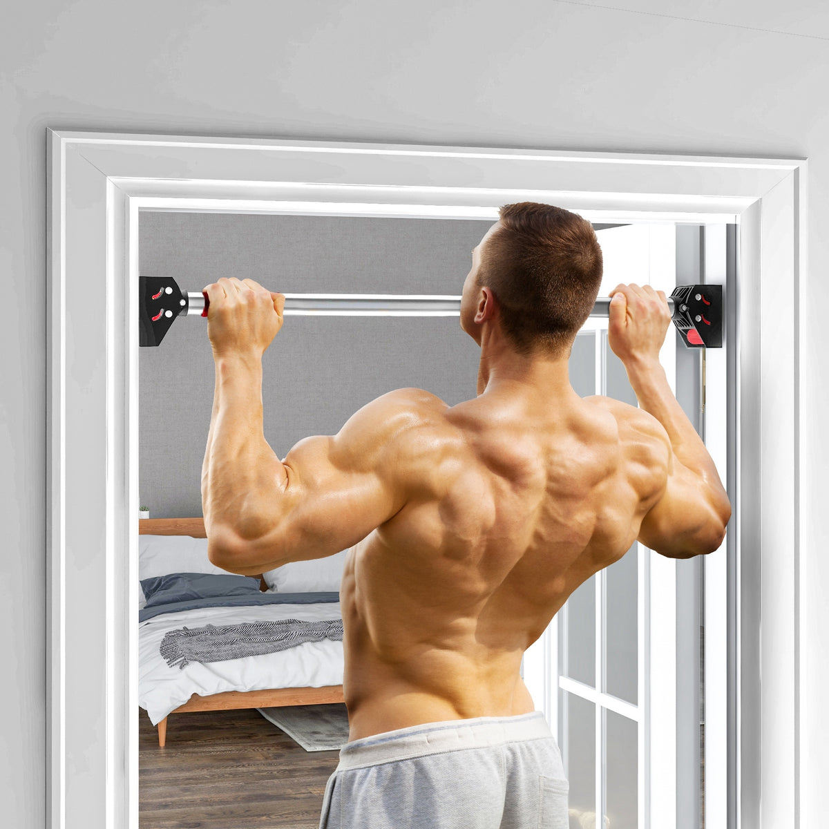 Pull-up bar for door frame, adjustable, no drilling required, steel, up to 200 kg, 75-92 x 10 x 7 cm, black/red (2)