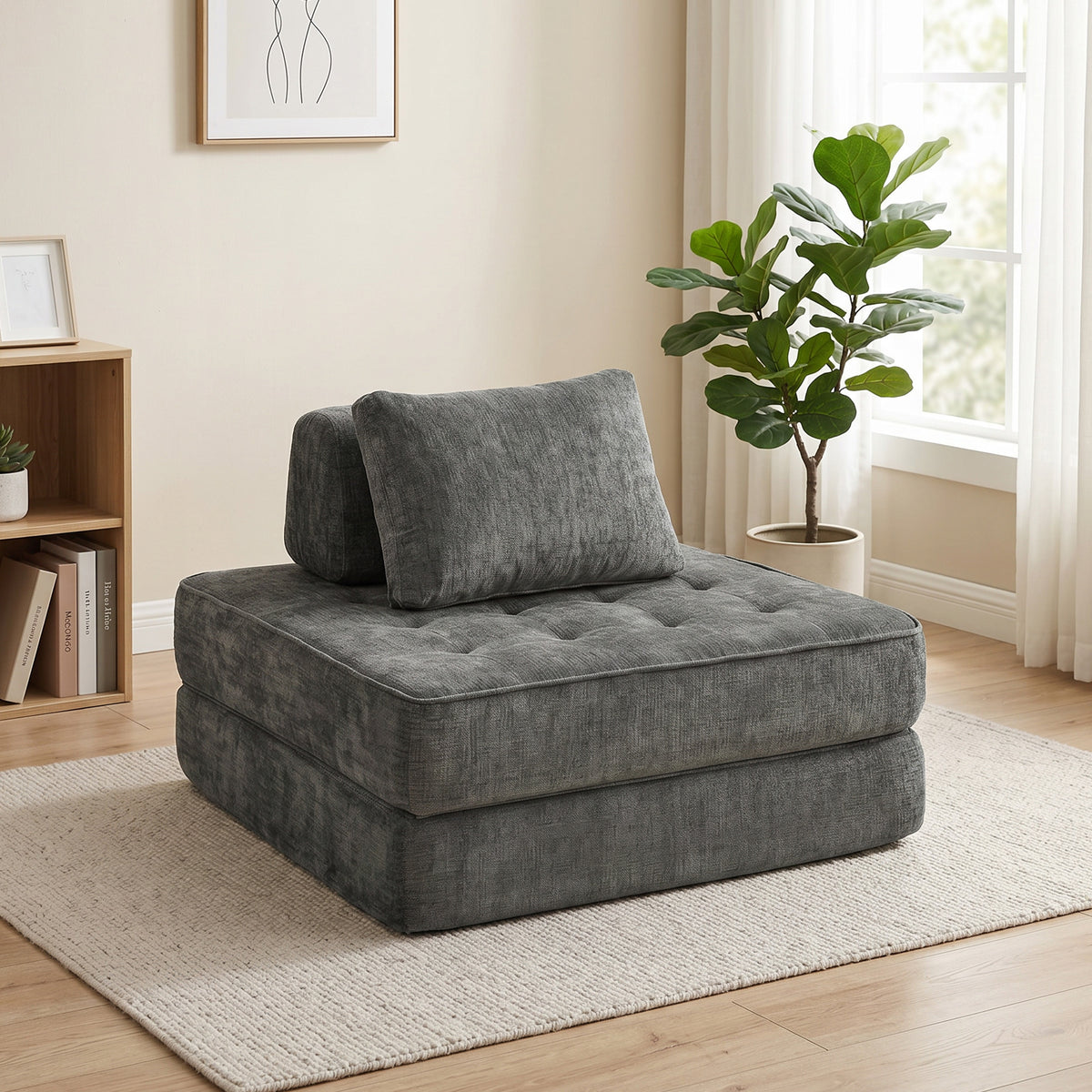 2-in-1 Boneless Cloud Sleeper Chair, Foldable Chenille Floor Chair with Thick Support Cushion, Gray (2)