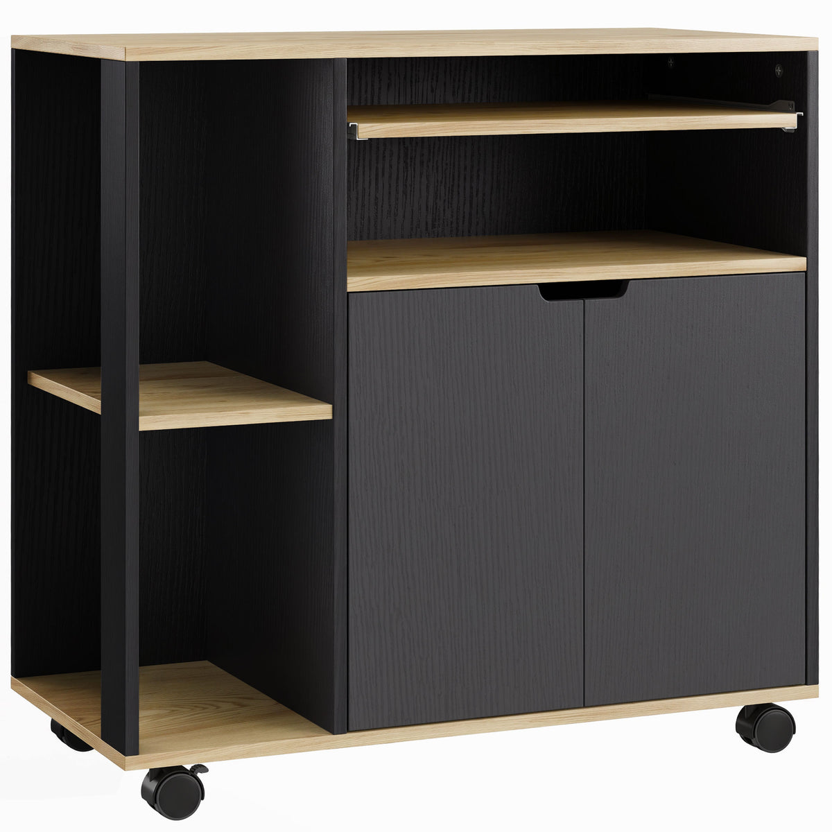 Rolling kitchen cart with storage space, cabinet, adjustable shelves, for kitchen, living room, dining room