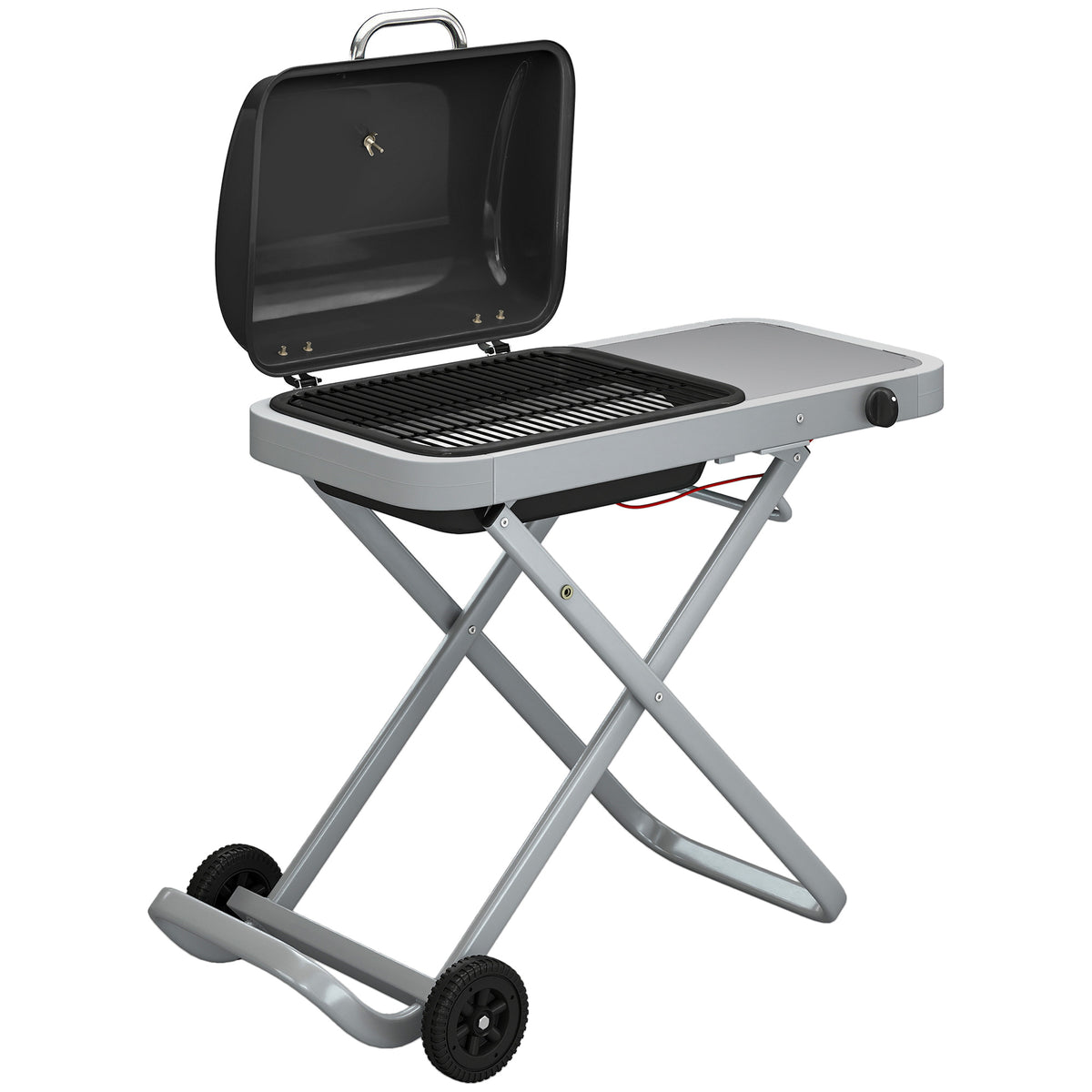 Portable 1-burner 2.5kW gas grill trolley with foldable cart, cooking grate, side table, lid, and thermometer