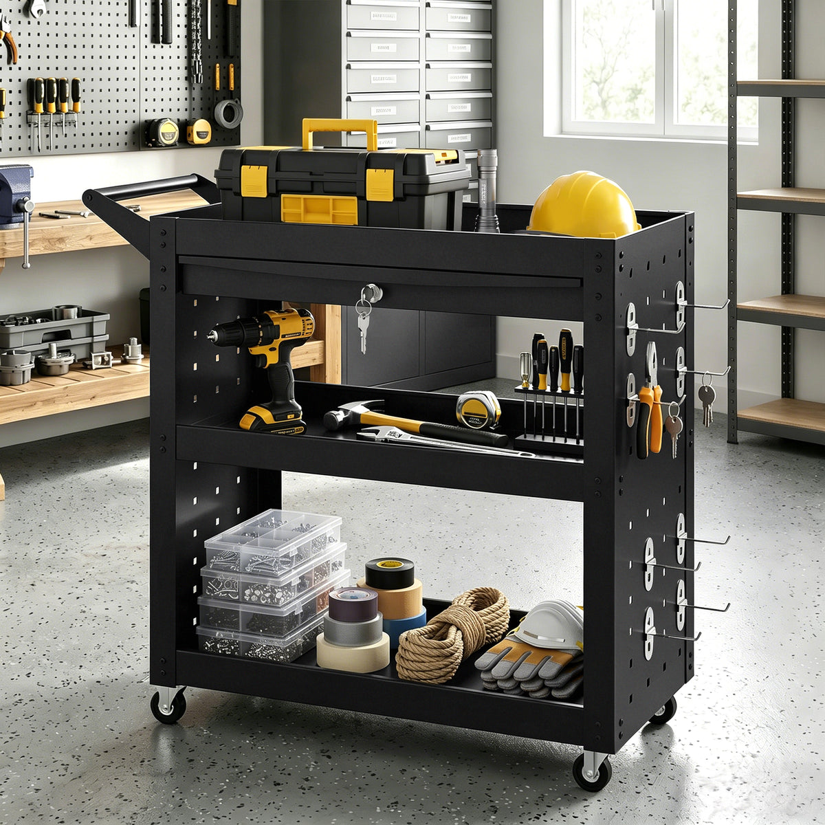 Tool trolley with lockable casters, rolling workshop cart with 3 tiers, drawer and pegboards, black (2)