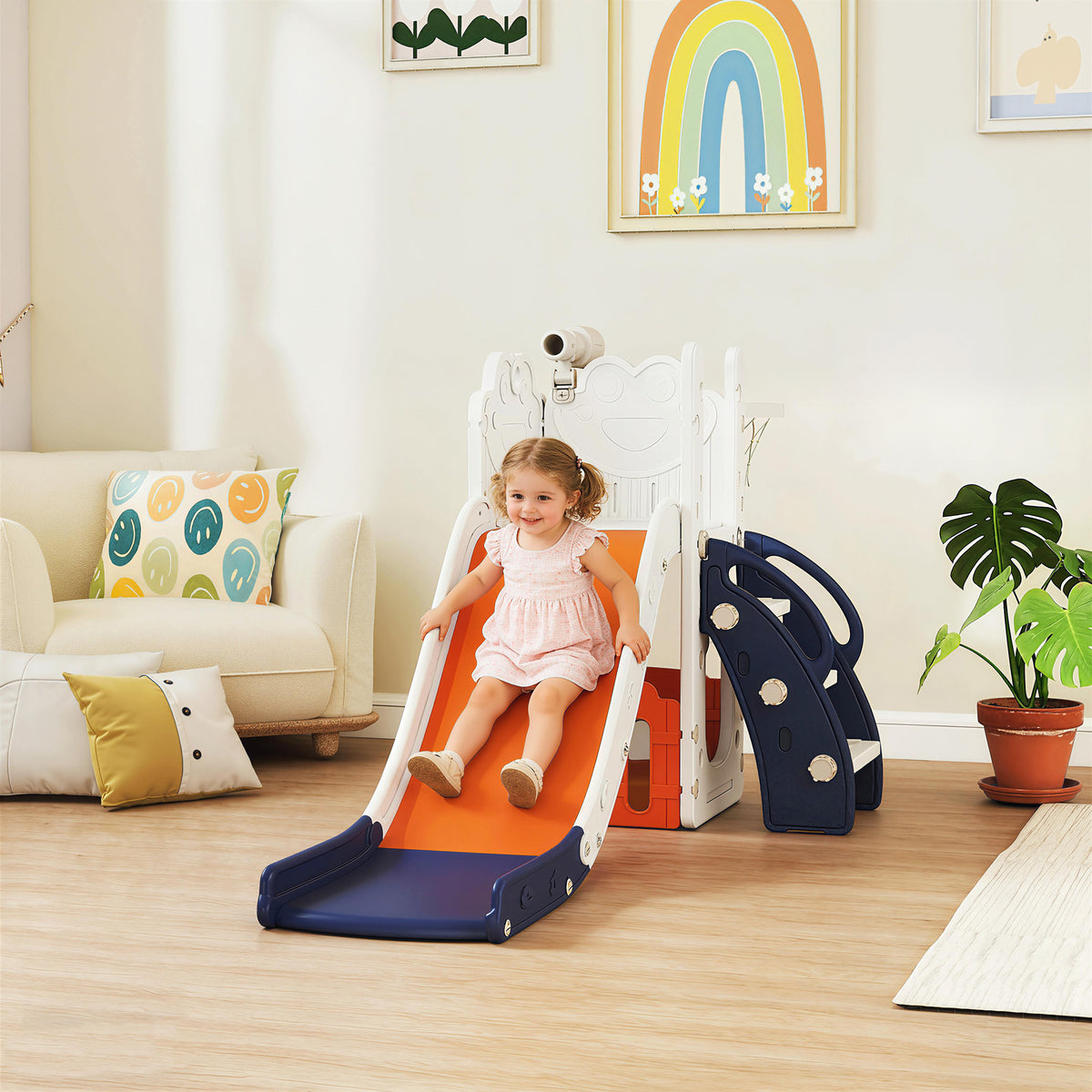 5-in-1 children's slide set, telescope, basketball hoop, plastic, orange+dark blue (2)