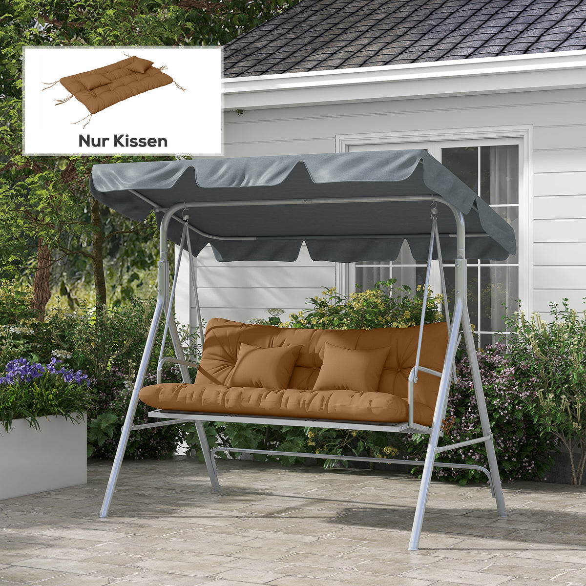 Set of 4 seat cushions, 150x50 cm, water-repellent chair cushions with ties, 10 cm thick, tan (2)