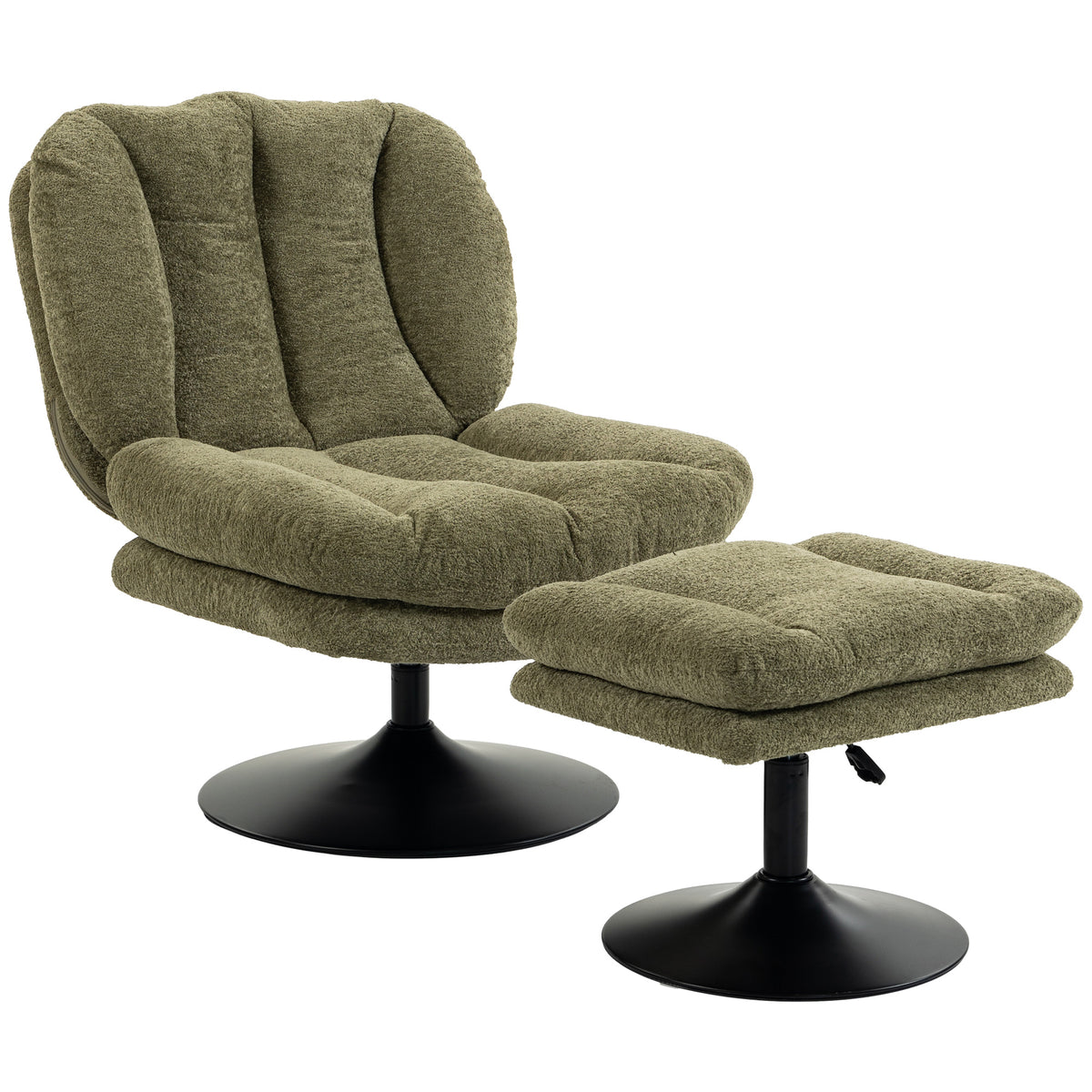 Lounge chair with stool, 360° swivel, in raindrop velvet, height-adjustable footstool, green