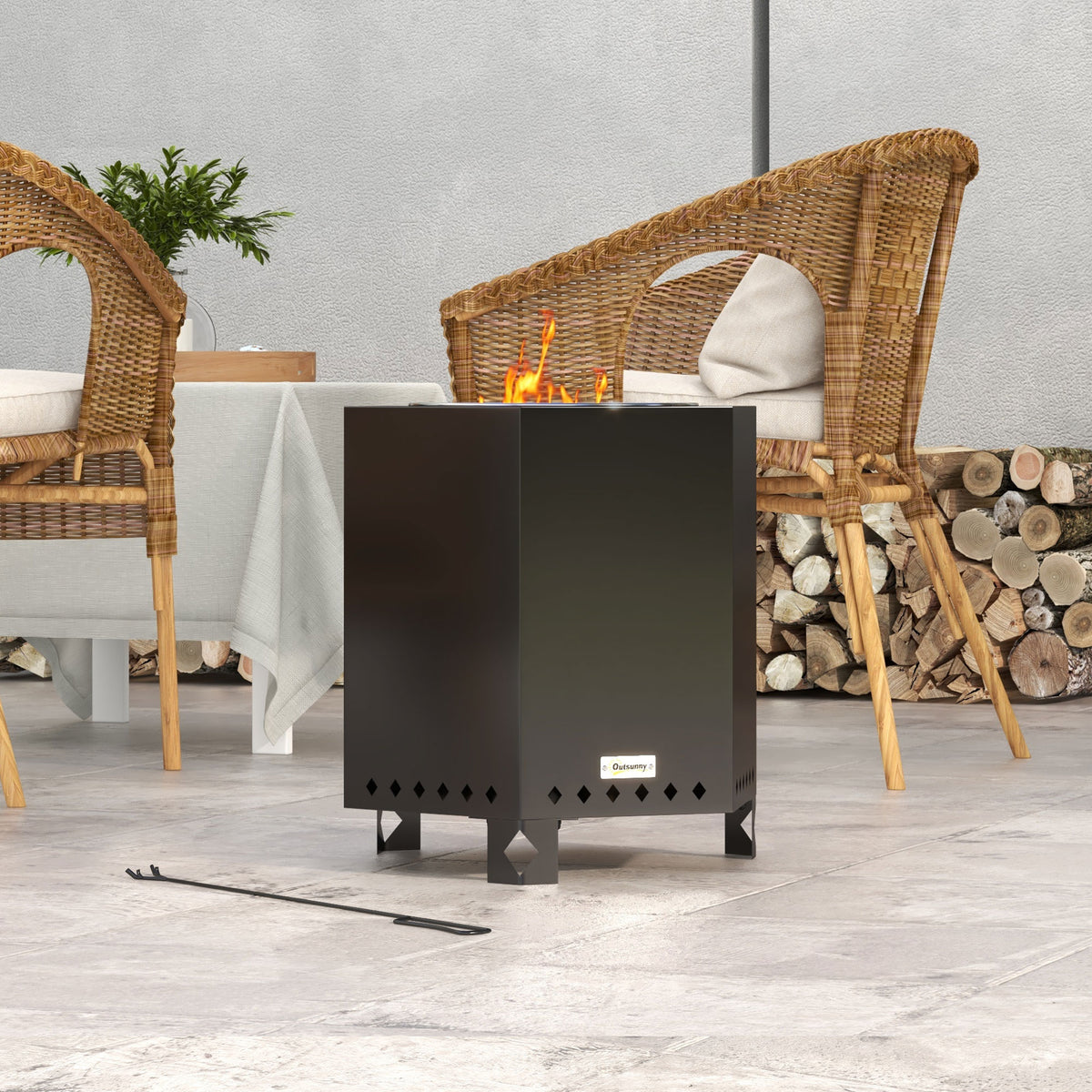 Fire bowl fire pit fire barrel, incl. poker, 45 x 38.8 x 46.5 cm, silver + black (2)
