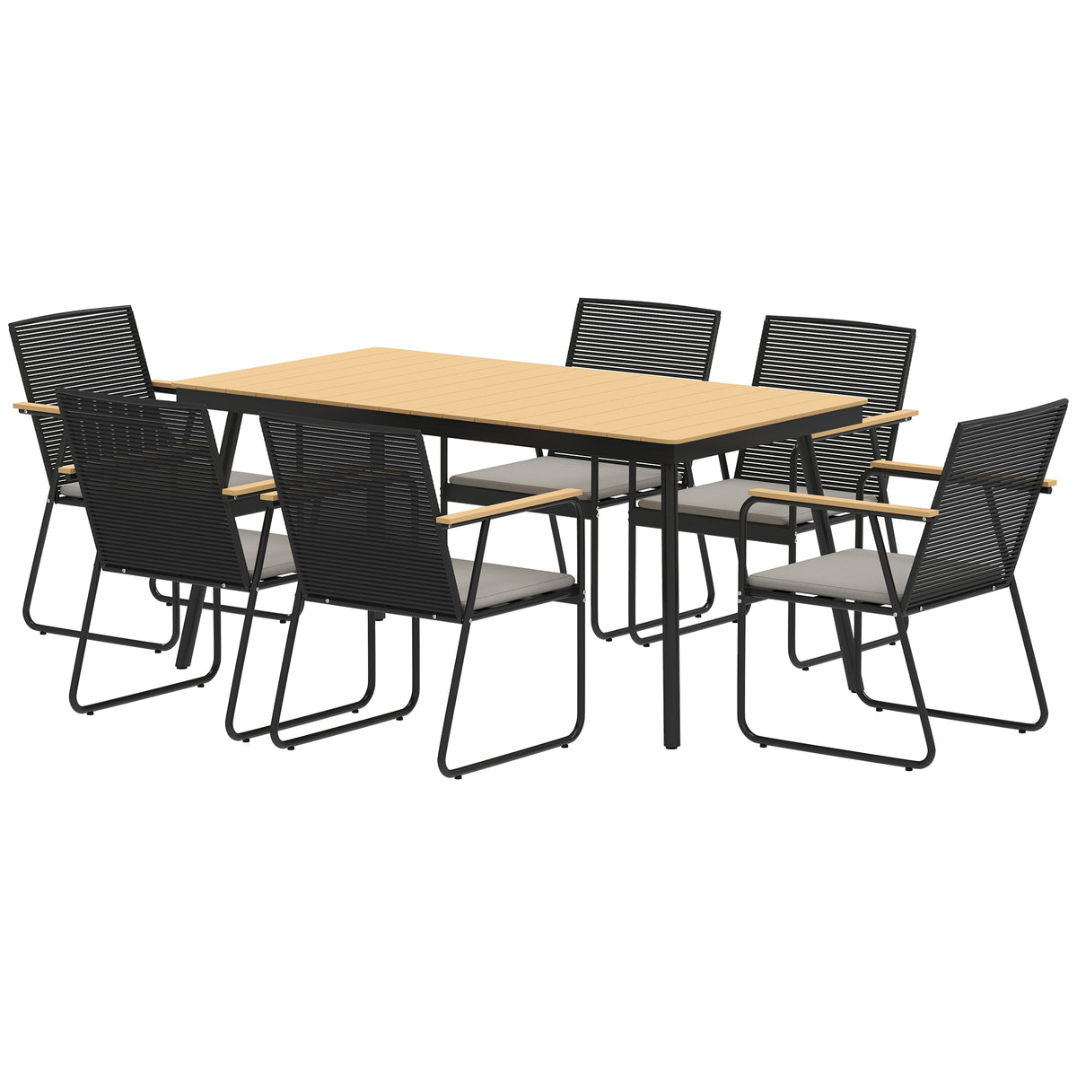 7-piece metal dining set for 6 people, dining table with 6 chairs, dining room set, natural wood + black
