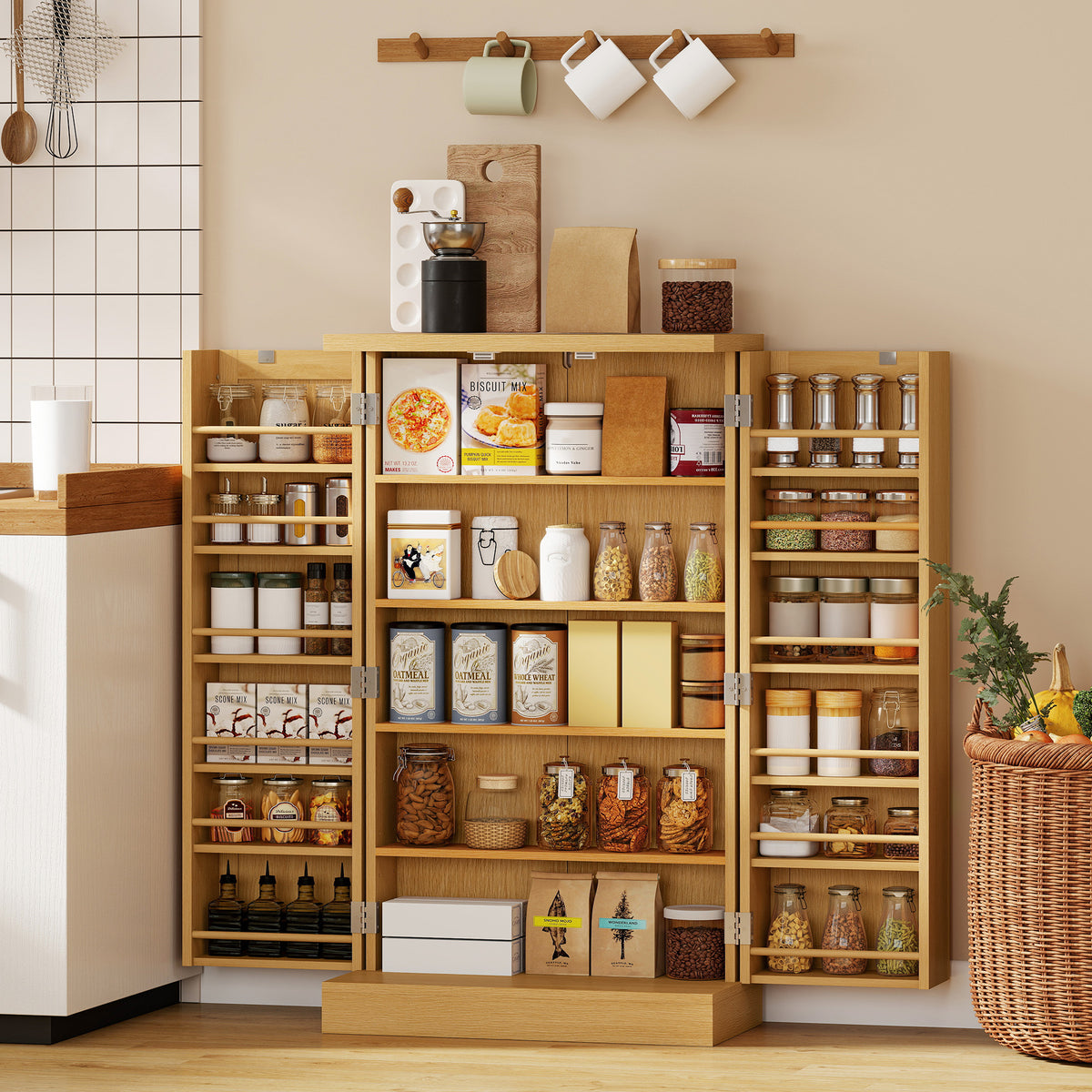 104 cm Rattan Kitchen Cabinet with 5-Tier Shelf, 12 Spice Compartments and Adjustable Shelves, Natural (2)