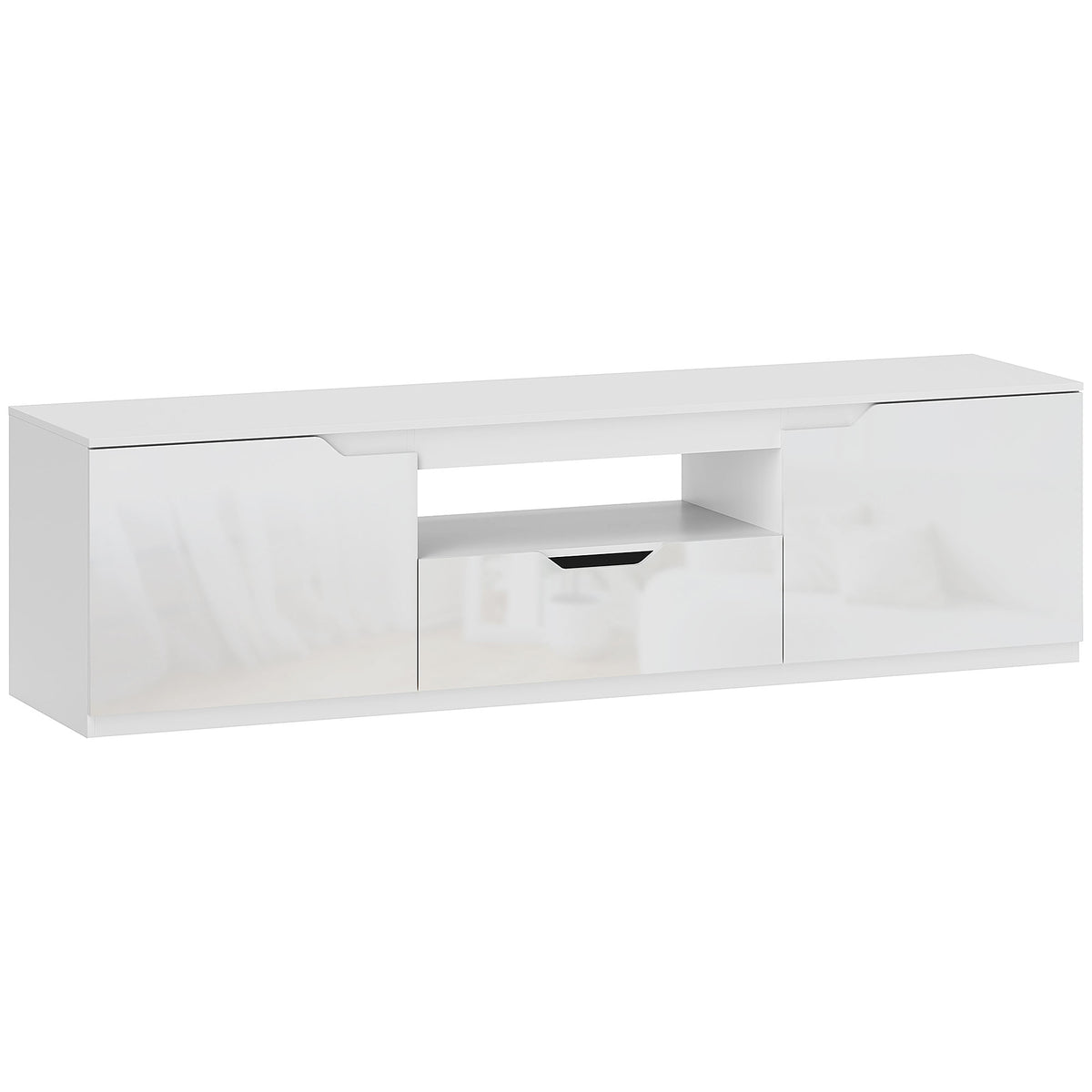 TV lowboard, high-gloss, for TVs up to 65'', 3 compartments, drawer, 160 x 38 x 43 cm, white