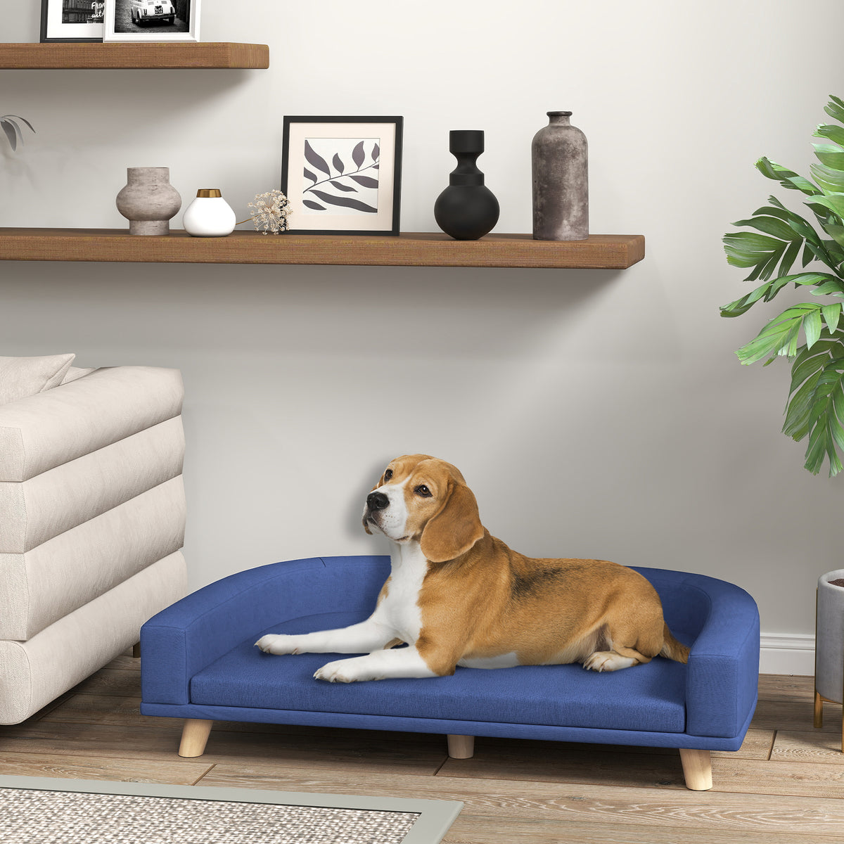 Dog bed, dog sofa, pet sofa, eucalyptus wood, 98 x 67 x 25 cm, blue (2)