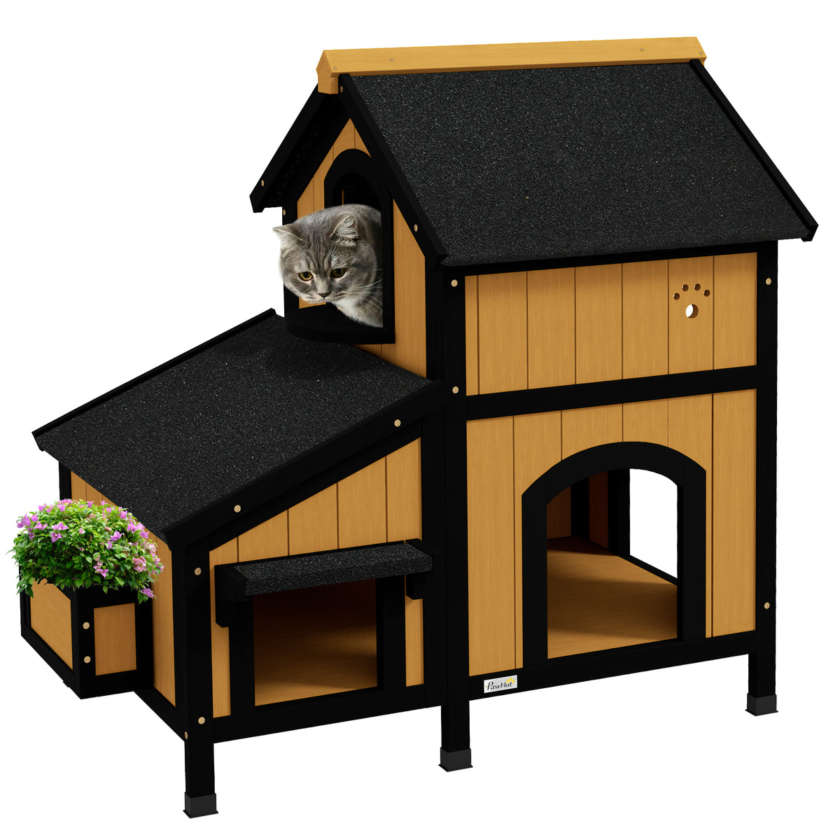 Cat house cat hut cat cave, incl. planter box, 96 cm x 65 cm x 85.5 cm, yellow + white + black