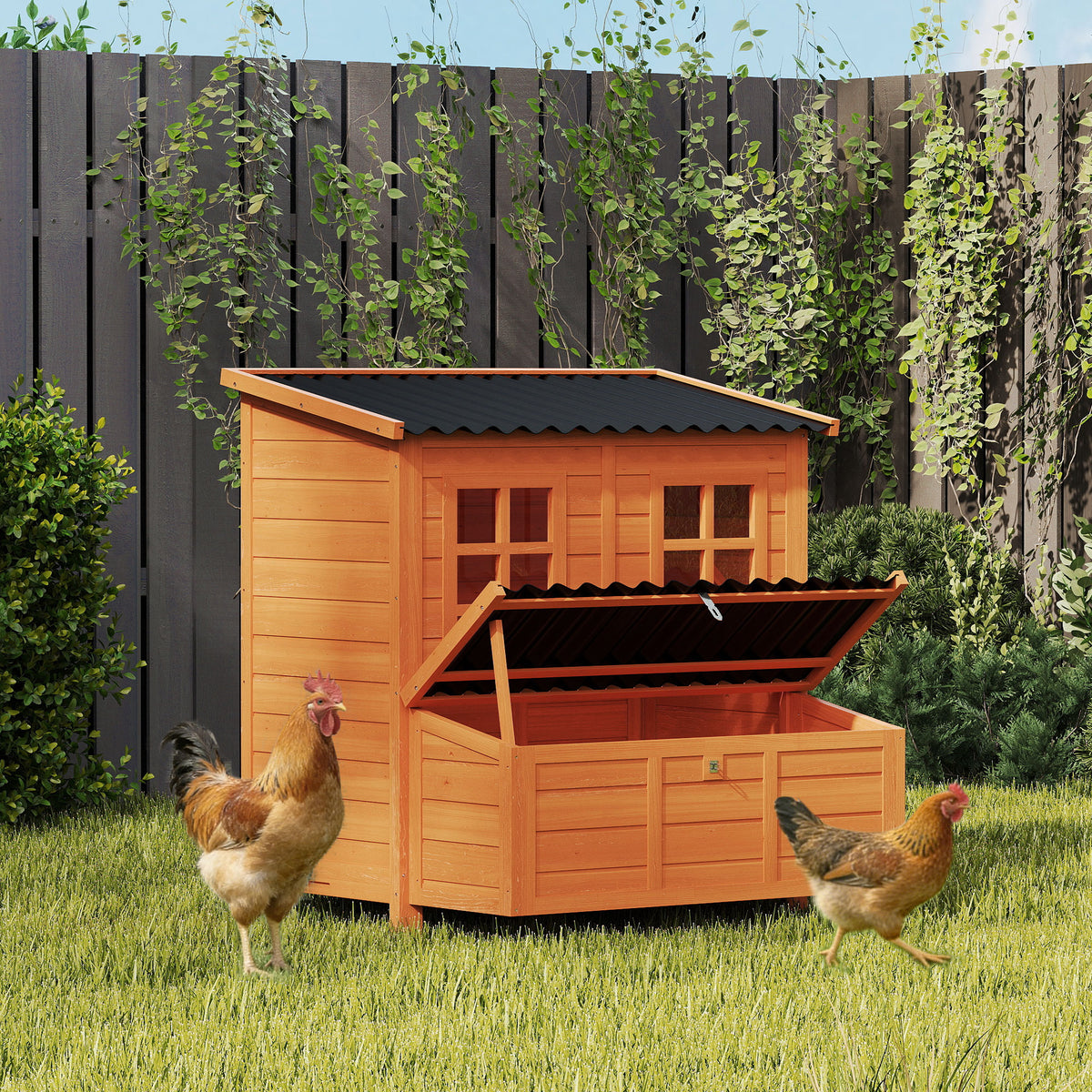 Chicken coop with nesting box for 3-4 chickens, waterproof roof, fir wood, plastic, 100 x 86 x 100 cm, orange (2)
