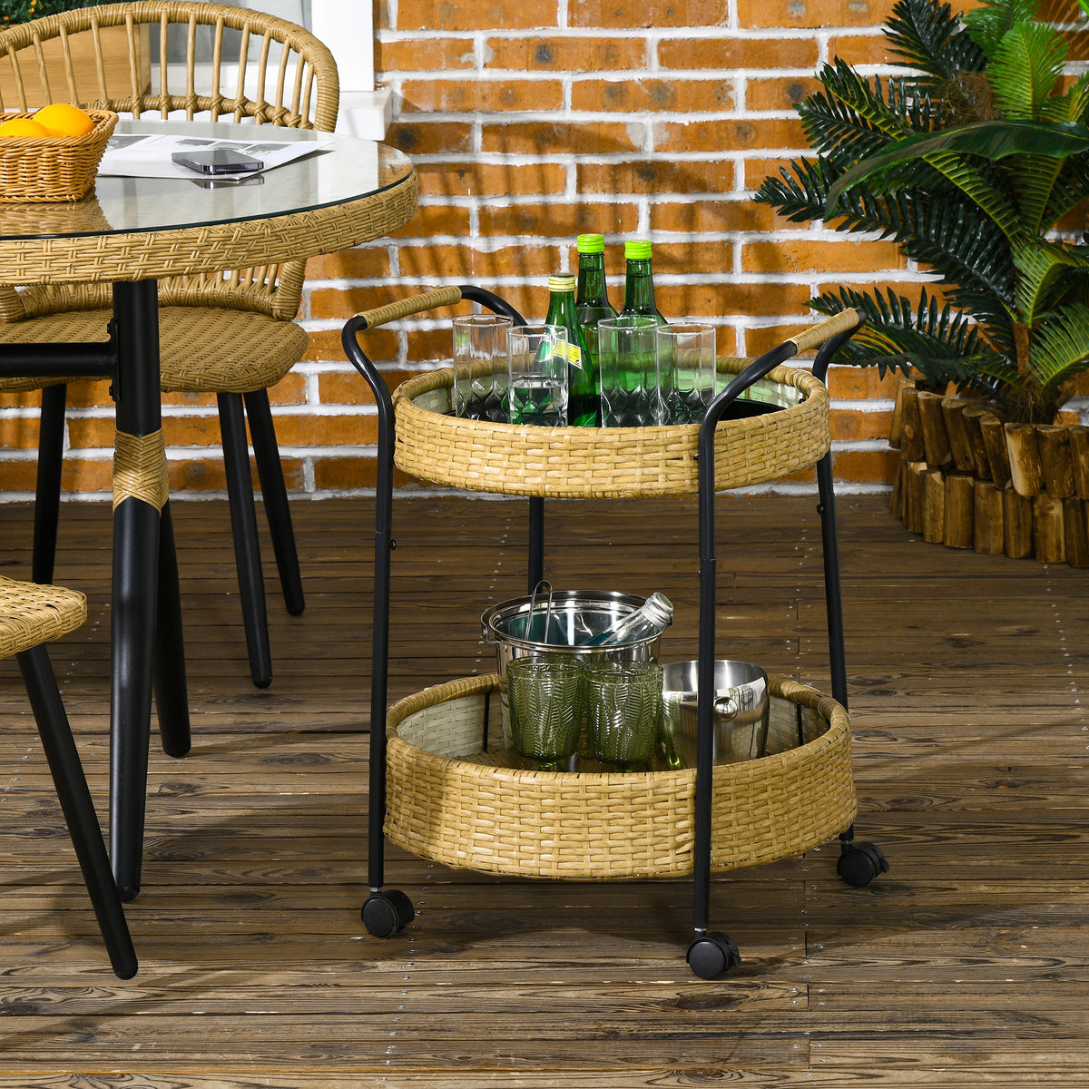 Outdoor serving trolley, 2 tiers, brakes, polyrattan, metal frame, Φ50 x 66H cm, yellow (2)