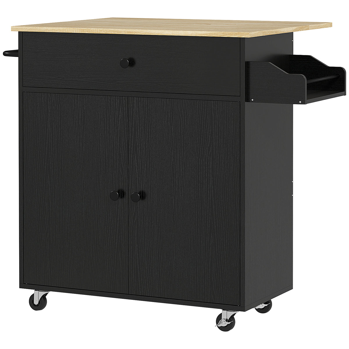 Kitchen cart with drawer, cabinet compartment, towel rack, 106 x 42 x 87 cm, black/oak
