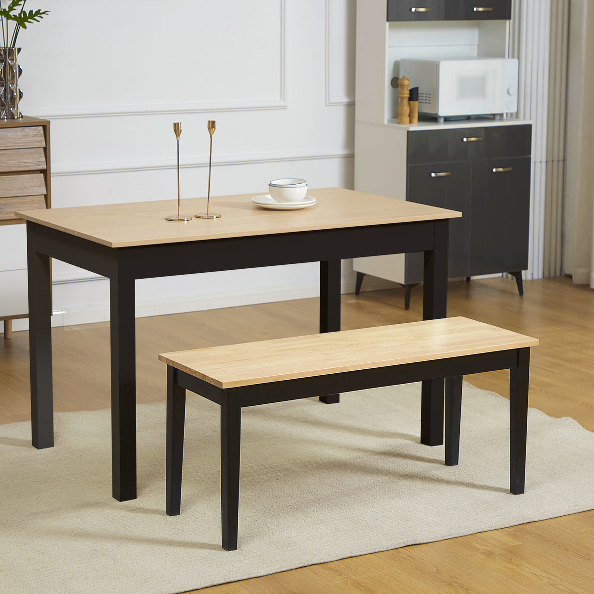 Modern bench for 2 people, wooden bench, solid wood, lacquered, natural + black (2)