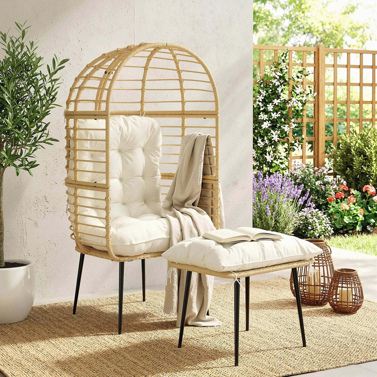 Garden armchair with ottoman PE rattan egg-shaped wicker chair with long & thick cushions metal frame beige (2)