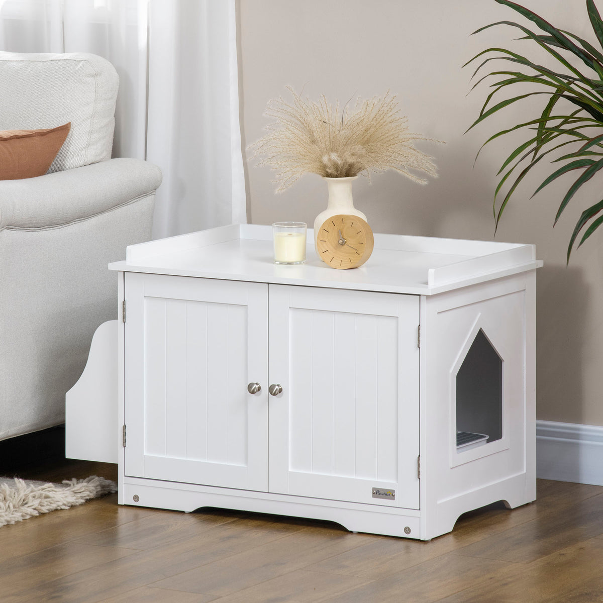 Cat litter box enclosure, cat house, with divider, magnetic double door, side shelf, white, 86 x 48 x 52cm (2)