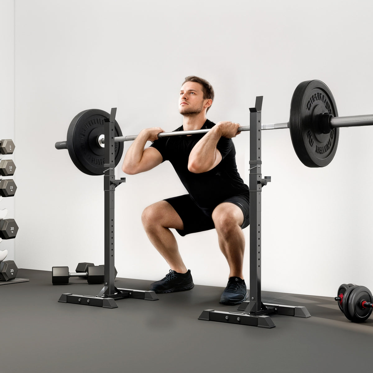 Dumbbell stand, set of 2, load capacity up to 150 kg, height-adjustable, steel, white+black, 52 x 48 x 160 cm (2)