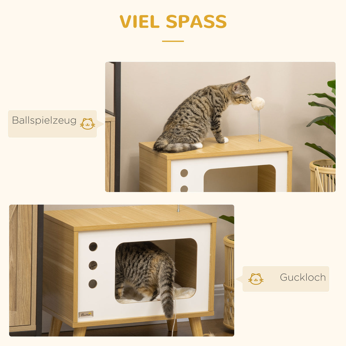 TV-design cat cave incl. toy, washable cushion, 50 cm x 28 cm x 43 cm, oak + beige + white (6)