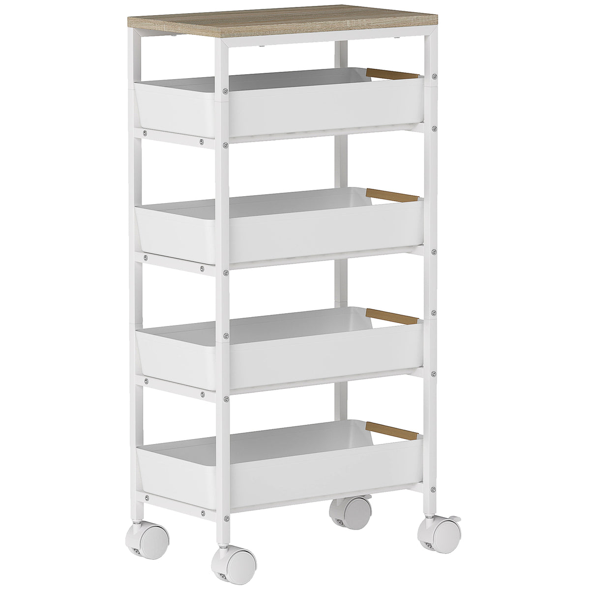 5-tier kitchen trolley, wood-look, rolling, metal frame, 4 drawers, white