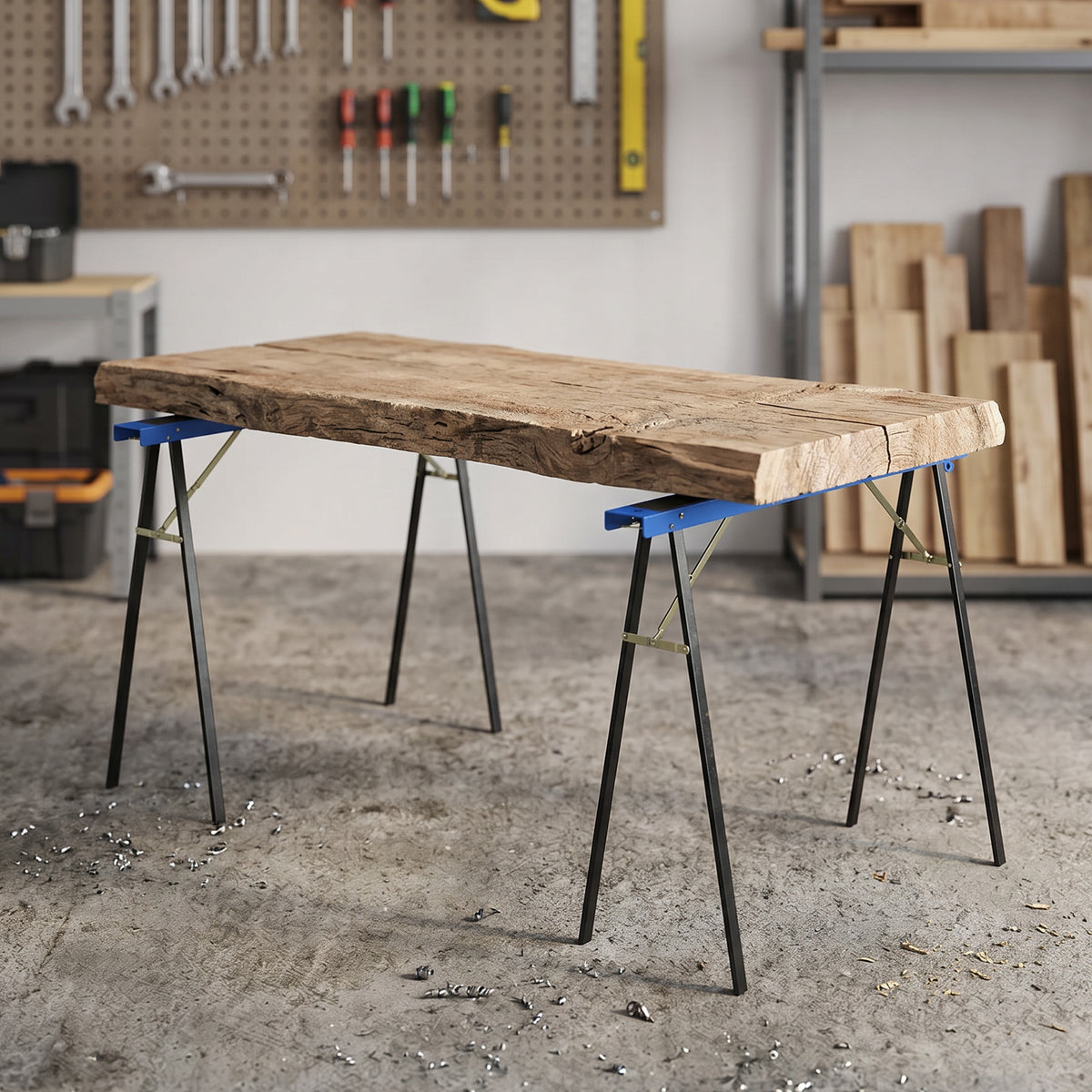 Set of 2 sturdy, foldable metal sawhorses for carpentry work and DIY projects, blue and black (2)