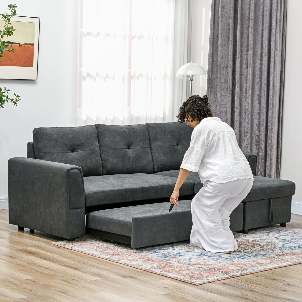 3-seater sofa with bed function, sofa bed with chaise longue, upholstered sofa, dark grey (7)
