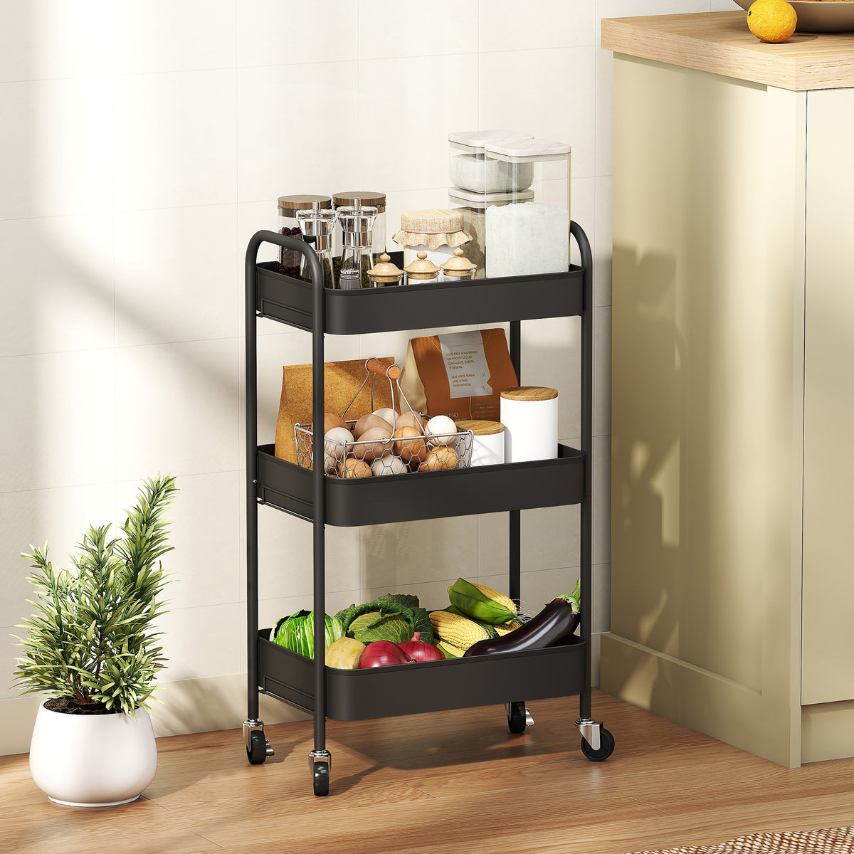 Multipurpose trolley, rolling cart, kitchen cart, 3 shelves, 4 wheels, 45 cm x 30.6 cm x 79 cm, black (2)