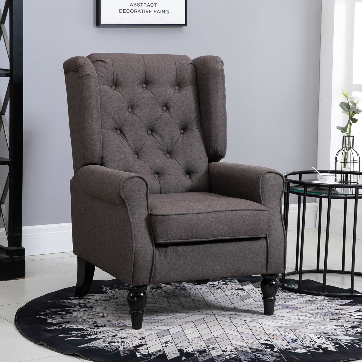 Wingback chair with tufting, high backrest, upholstered lounge chair with rounded armrests, wooden legs, for (2)