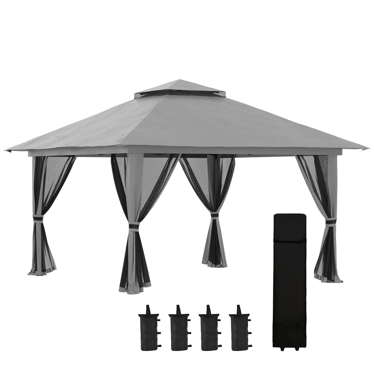 Folding gazebo, height-adjustable, 4 mesh sidewalls, roof vent, carrying bag, quick setup, dark gray, 4 x 4 x 3