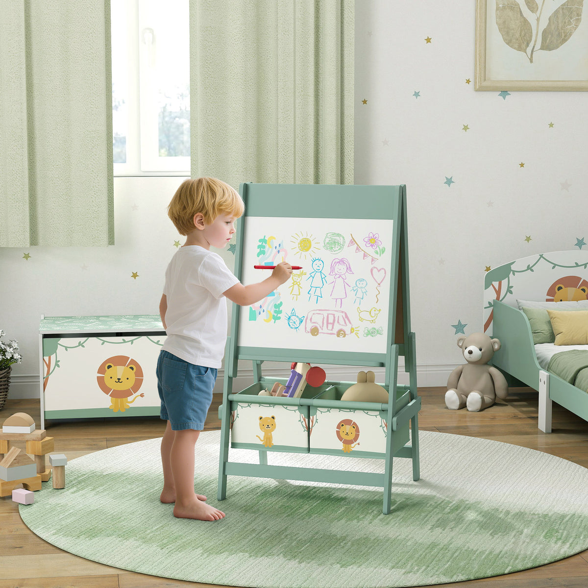 3-in-1 Kids Easel, Children's Blackboard with Chalkboard, Whiteboard, Paper Roll, 2 Storage Boxes, for Ages 3-8 (2)