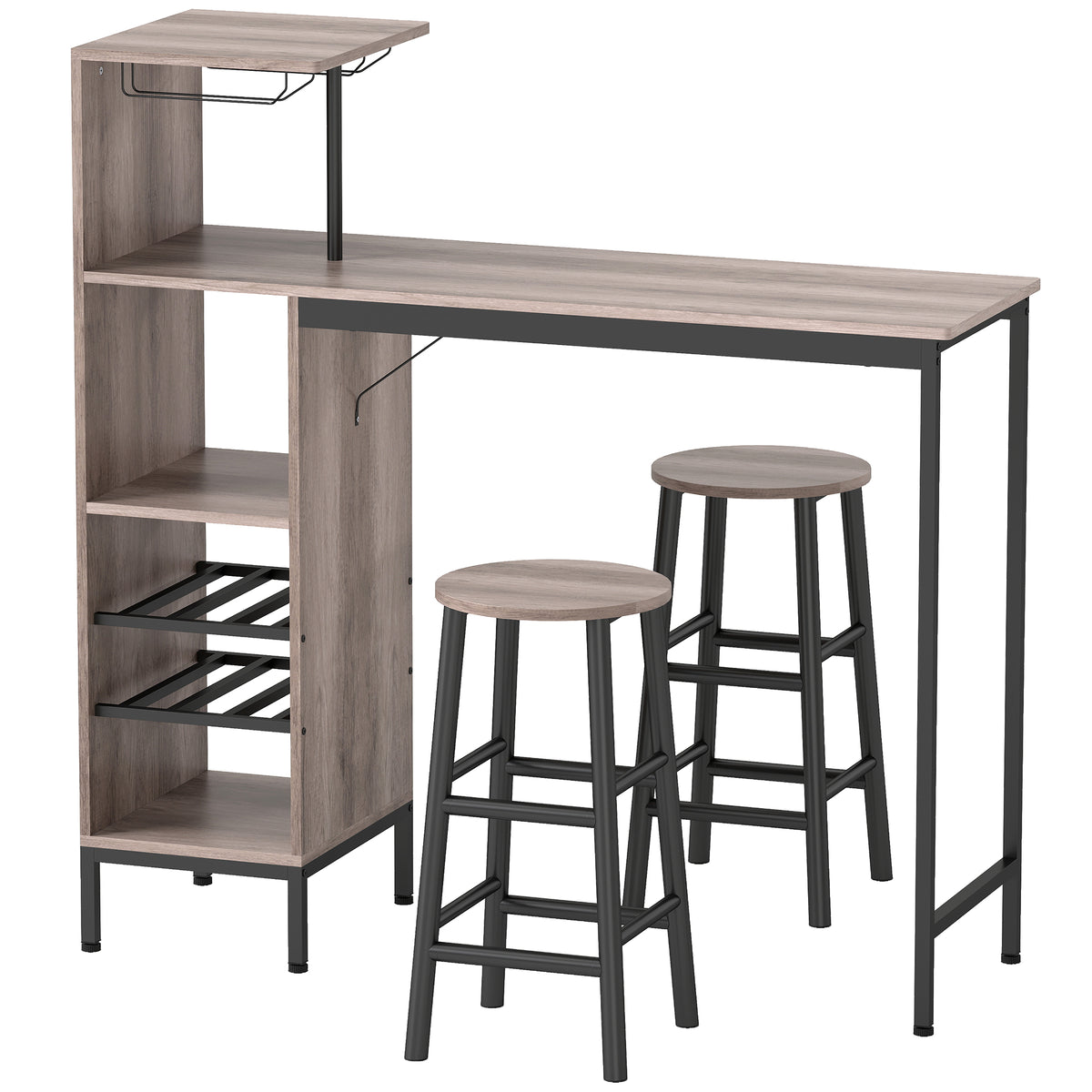 3-piece bar table set with storage space, wine racks, glass holders, stools with footrest, for small spaces