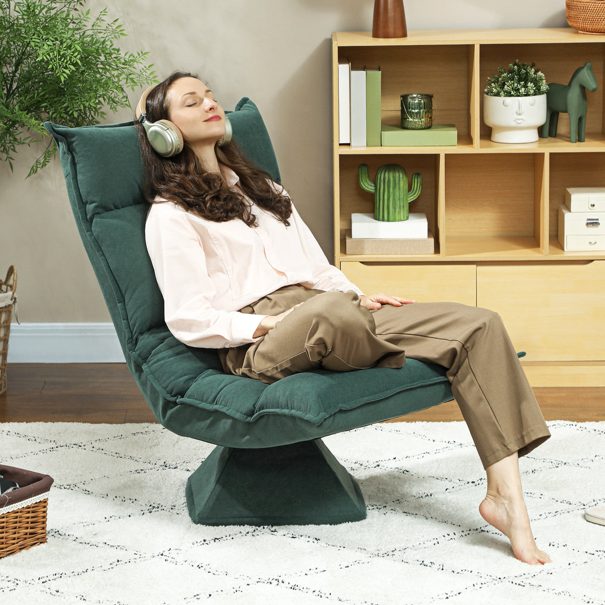 Floor chair with 5-way adjustable backrest, rotatable, modern upholstered chair, green (2)