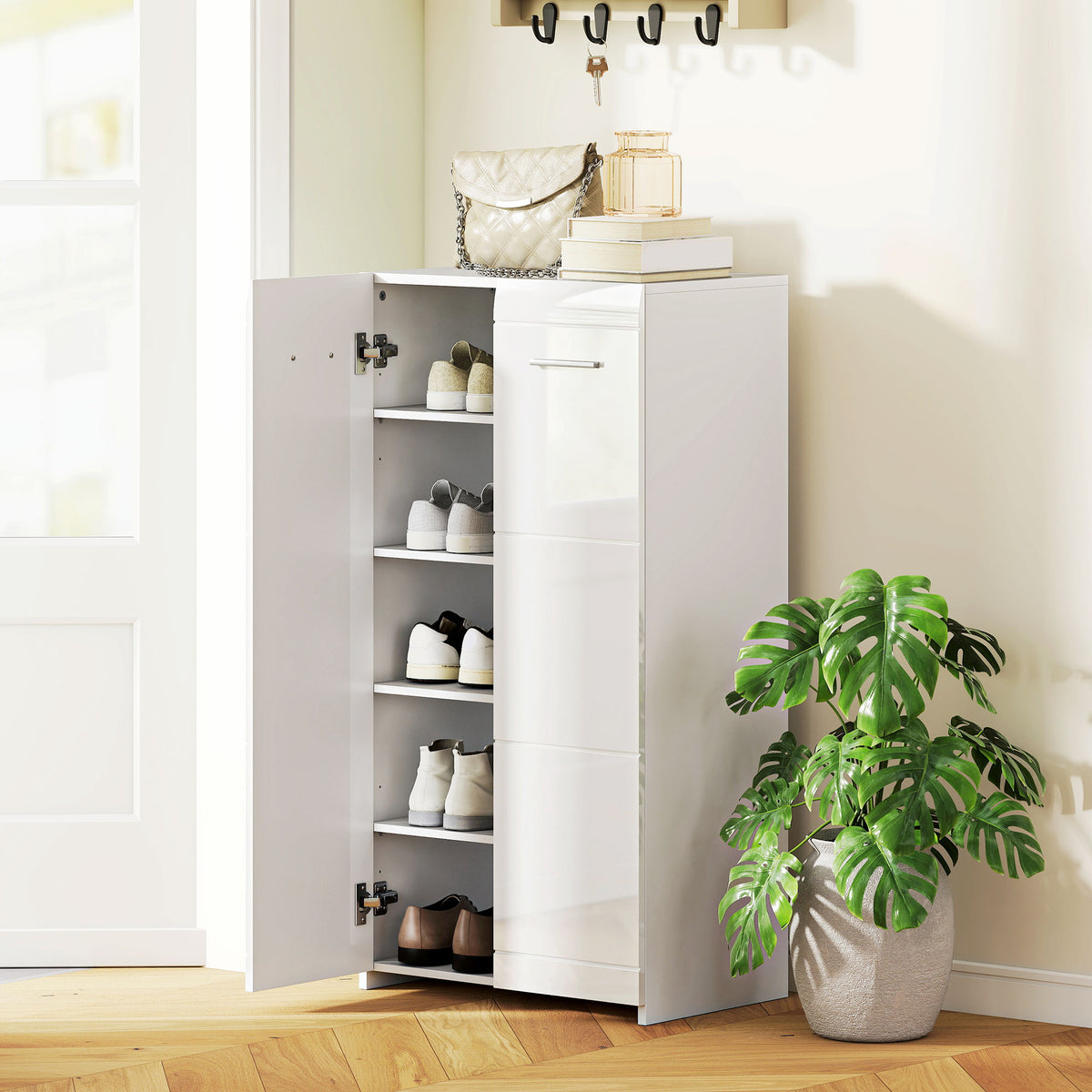 High-gloss shoe cabinet, shoe storage with adjustable shelves for hallway, entryway, space for 10 pairs, white (2)