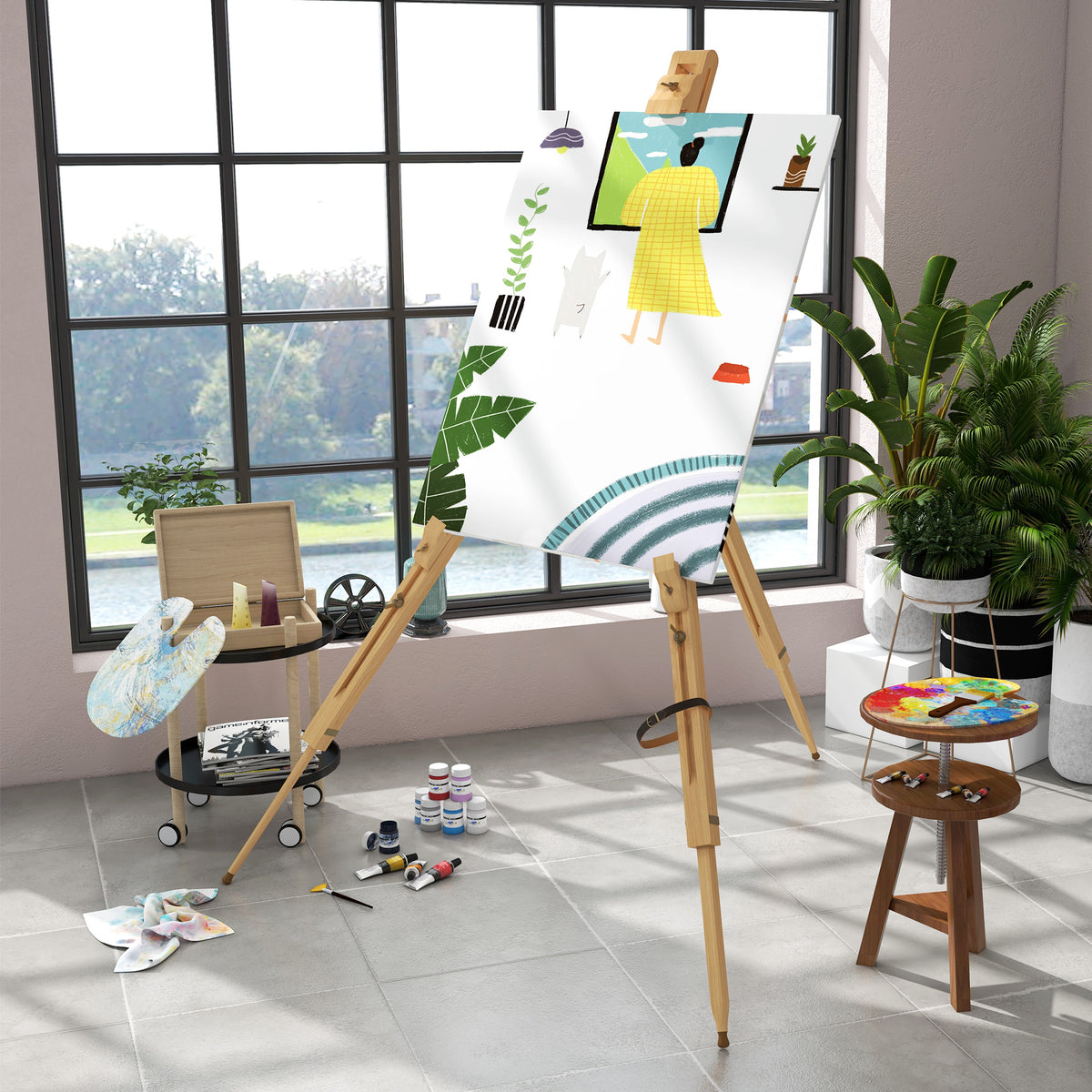 Easel, height-adjustable, foldable, natural beech wood, for canvases up to 107H cm (2)