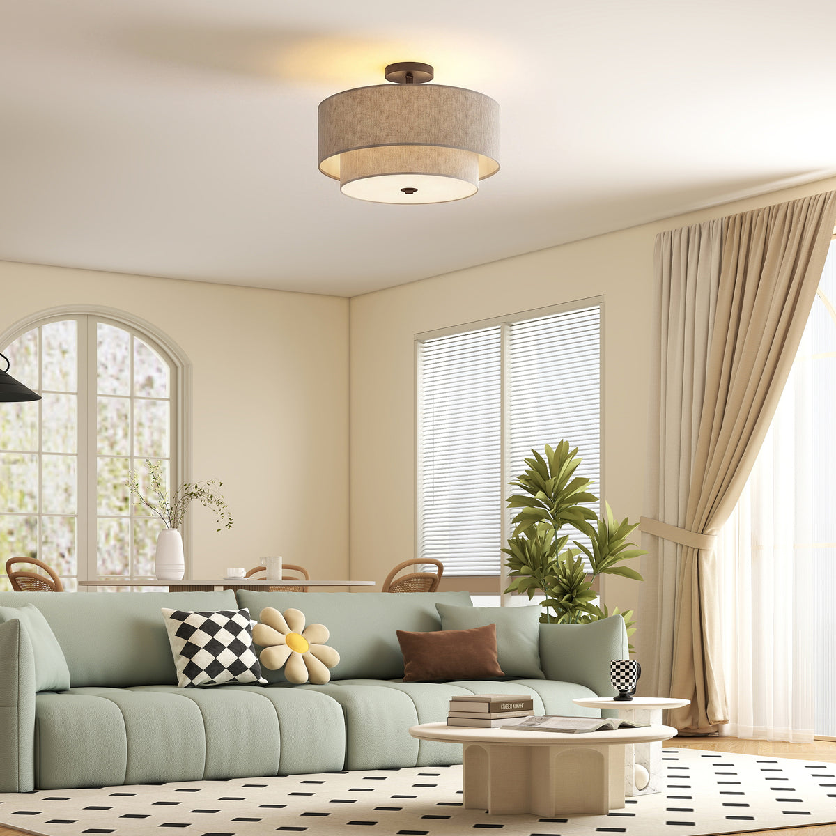 Ceiling lamp, pendant light with double linen-look shades, taupe (2)