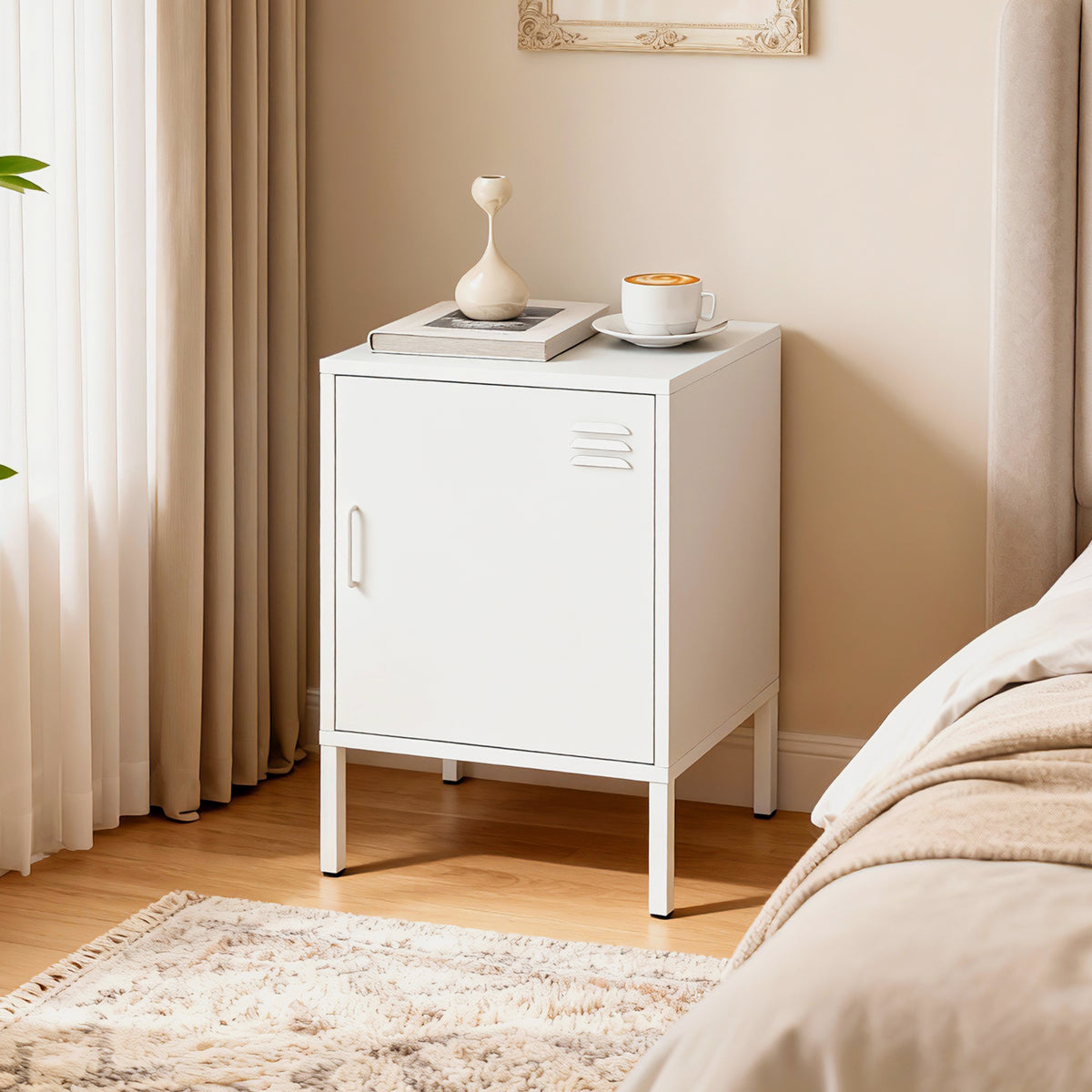 Steel nightstand, multipurpose side table, adjustable shelf, for bedroom, living room, white (2)