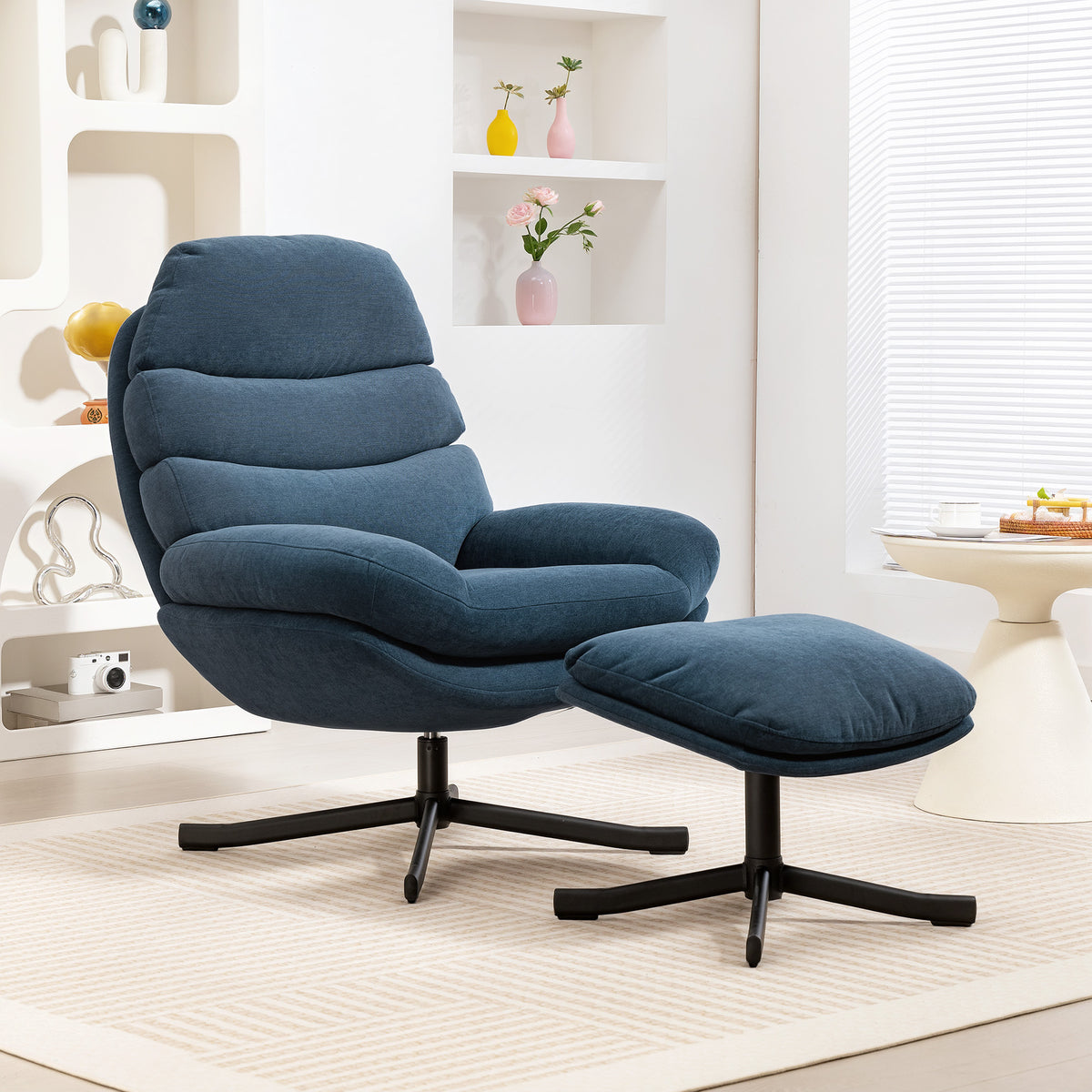 Recliner with Footstool, Lounge Chair with Chenille Fabric, Modern TV Chair, 78 x 93 x 100 cm, Blue (2)