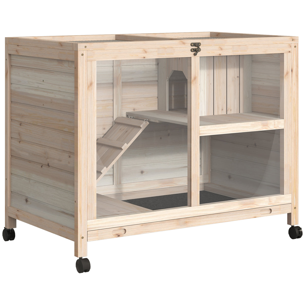 Small animal hutch with 2 levels, 4 wheels, sealed fir wood, natural