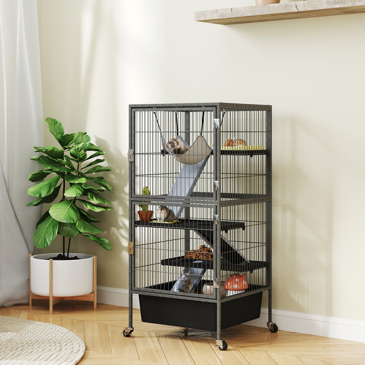 Small animal cage, 4-tier rodent cage with liftable tray, ramps, hammock, casters, platforms, 52x52x115 cm, gray (2)