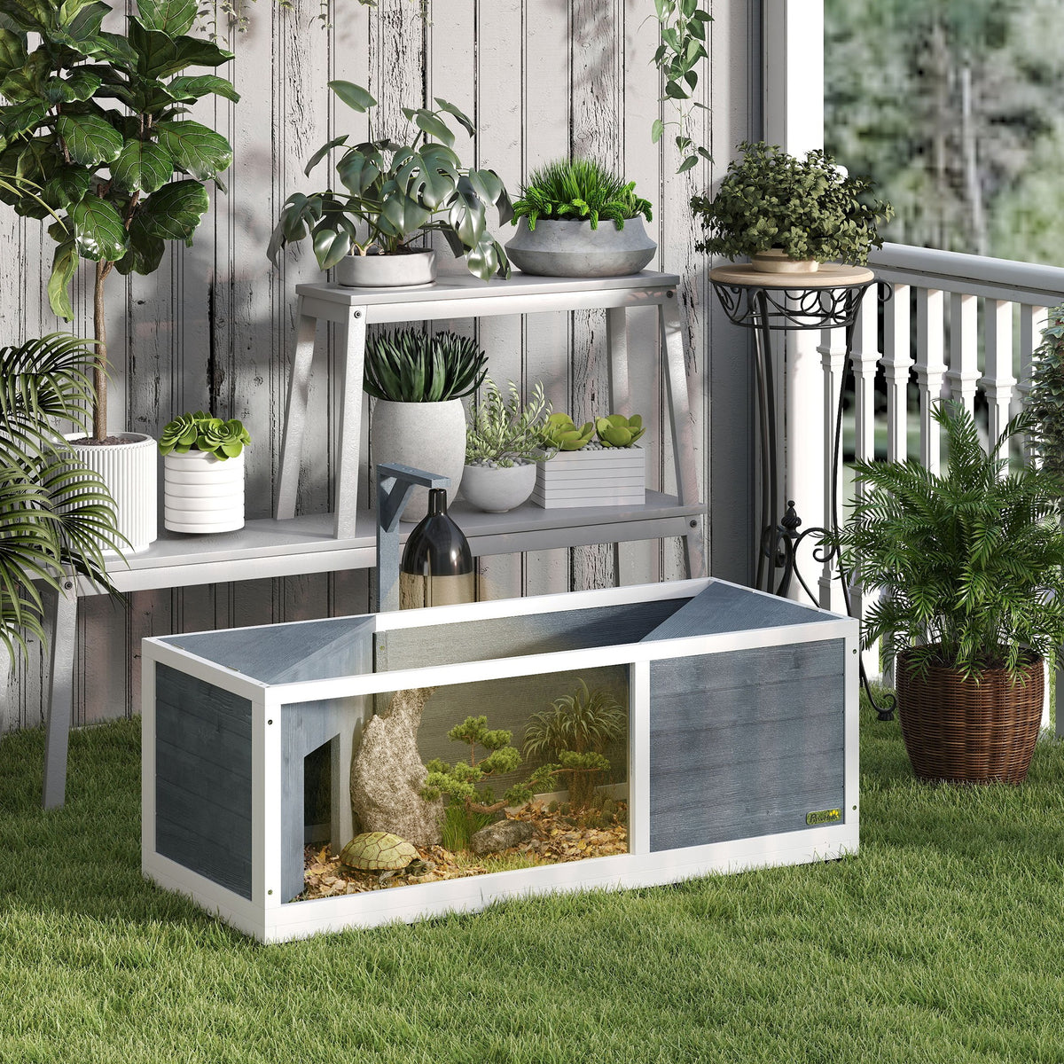 Tortoise house with easy-open top, lamp fixture, transparent front, 120 x 50 x 40 cm, grey (2)