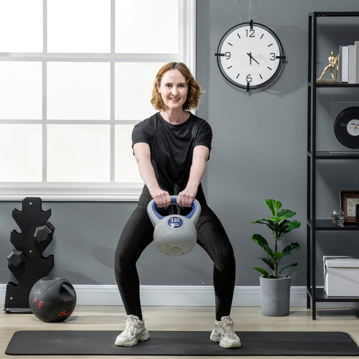 Kettlebell, 12 kg, flat base, large handle, plastic coating, blue, 26 x 17 x 29 cm (2)